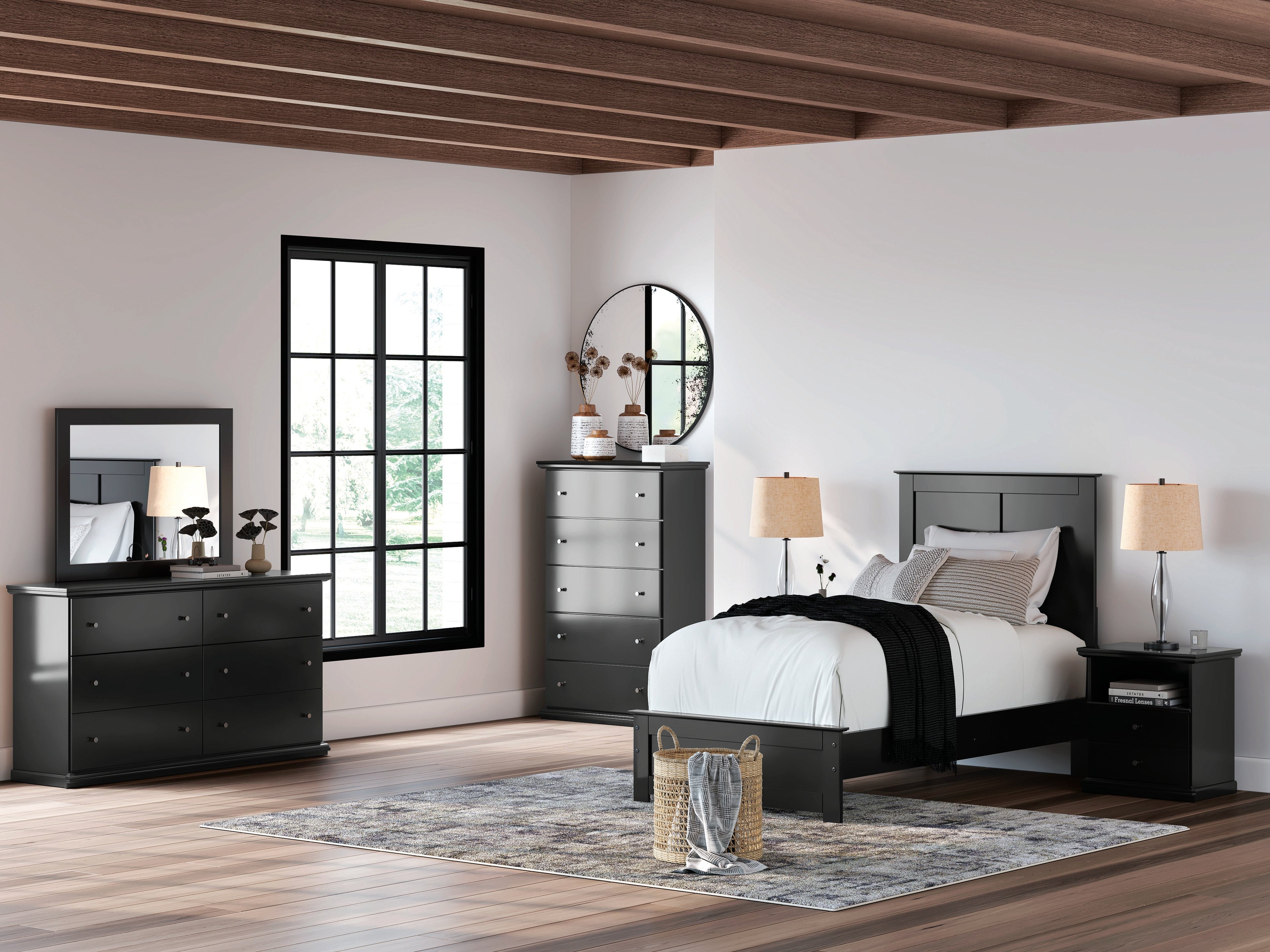 Maribel Twin Panel Bed, Dresser, Mirror, Chest and Nightstand, Black