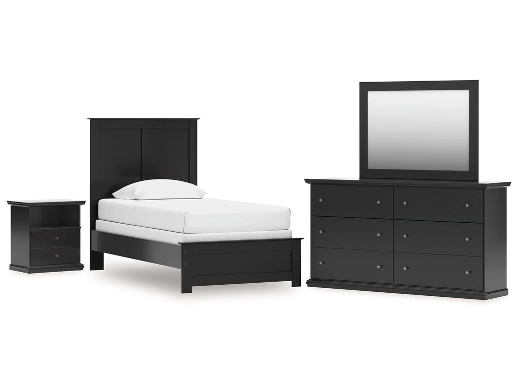 Maribel Twin Panel Bed, Dresser, Mirror and Nightstand, Black