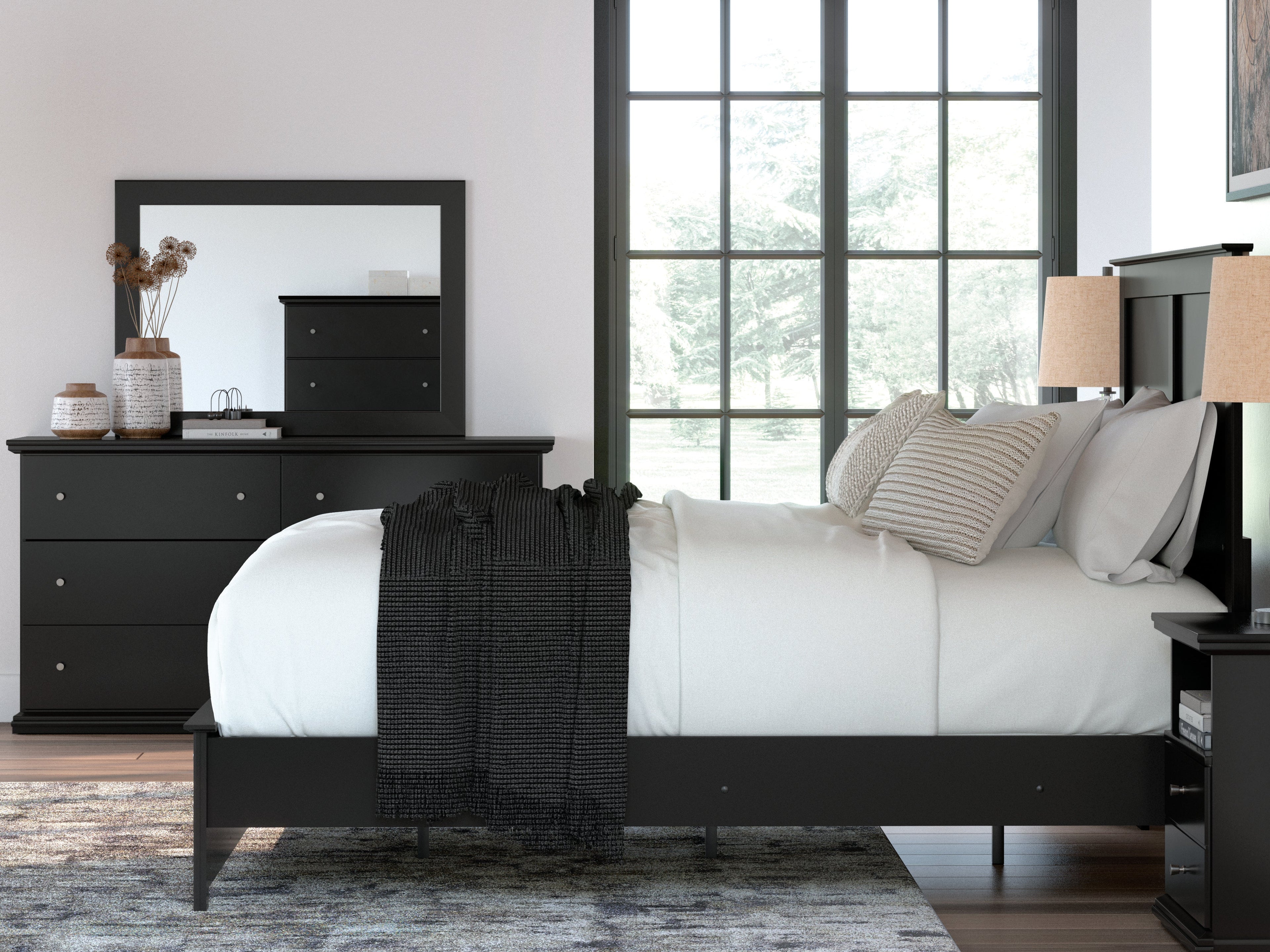 Maribel Twin Panel Bed, Dresser, Mirror and Nightstand, Black