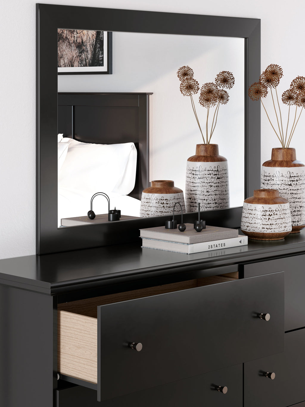 Maribel Twin Panel Bed, Dresser, Mirror and 2 Nightstands, Black