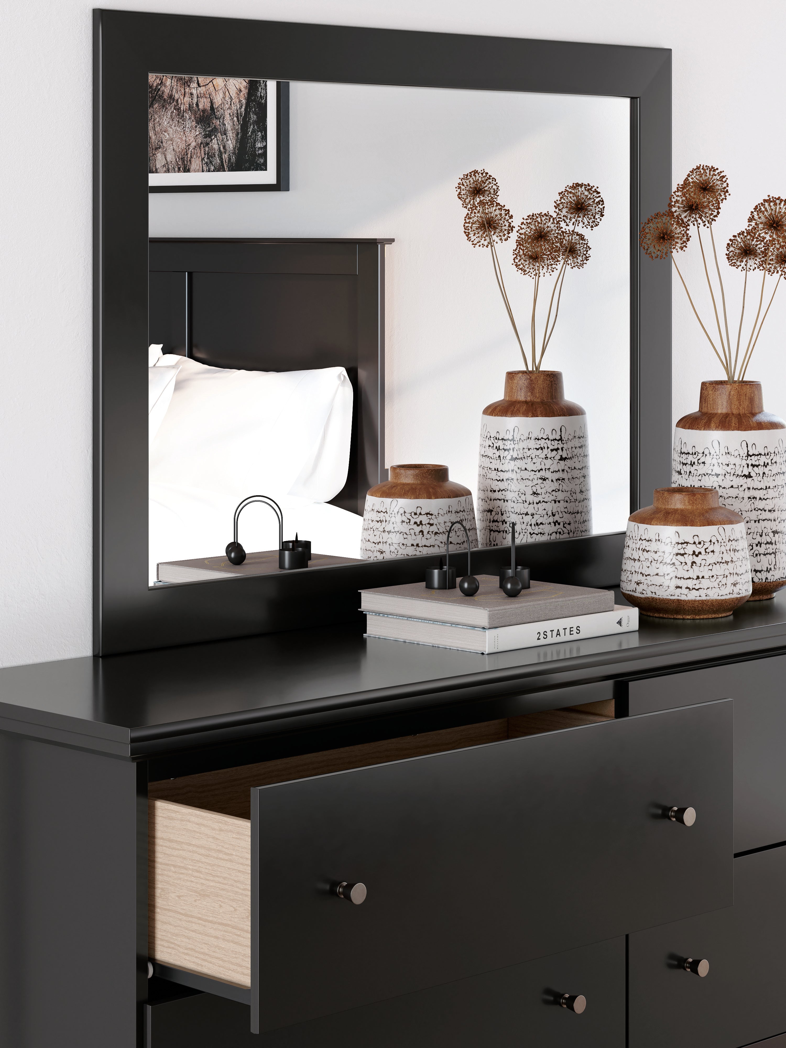 Maribel Queen Panel Bed, Dresser, Mirror and 2 Nightstands, Black