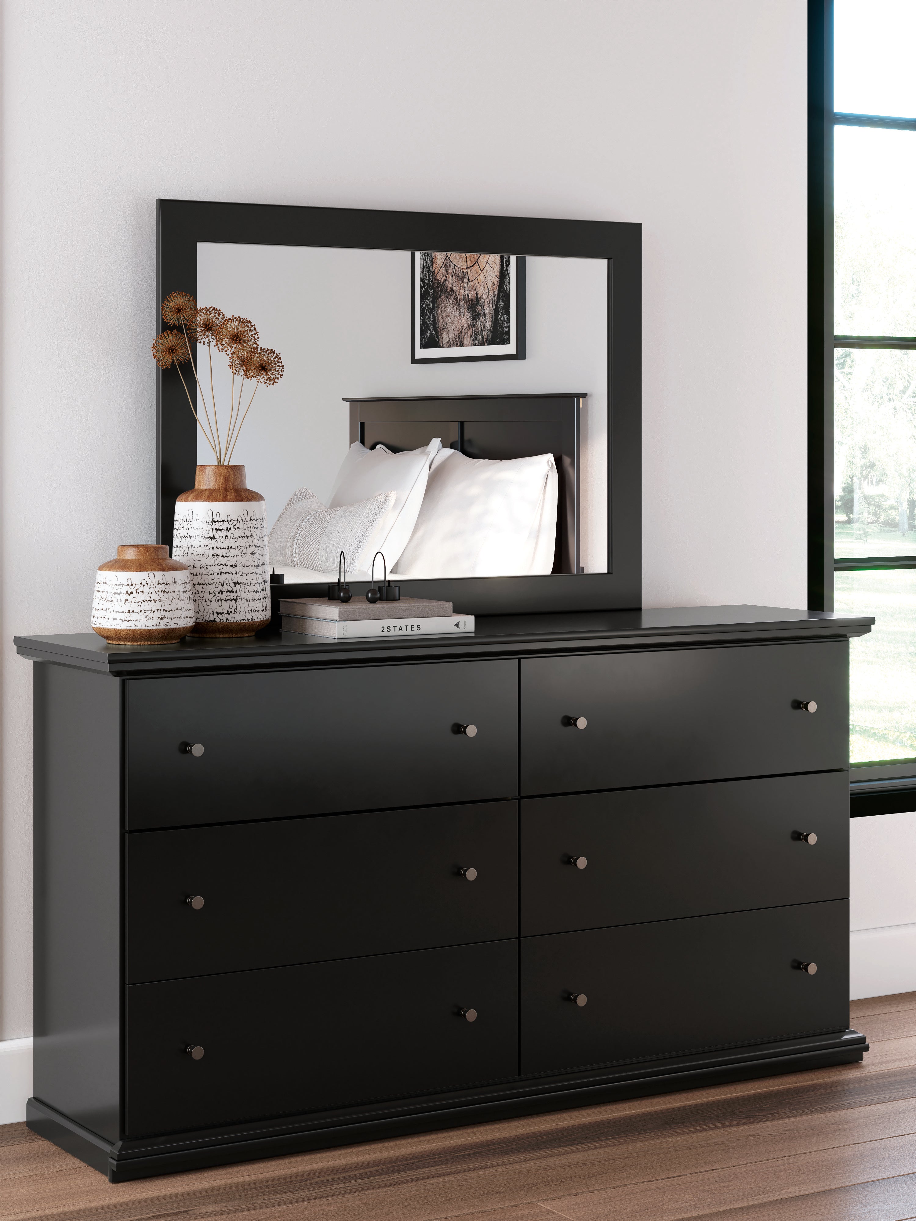 Maribel Twin Panel Bed, Dresser, Mirror and Nightstand, Black