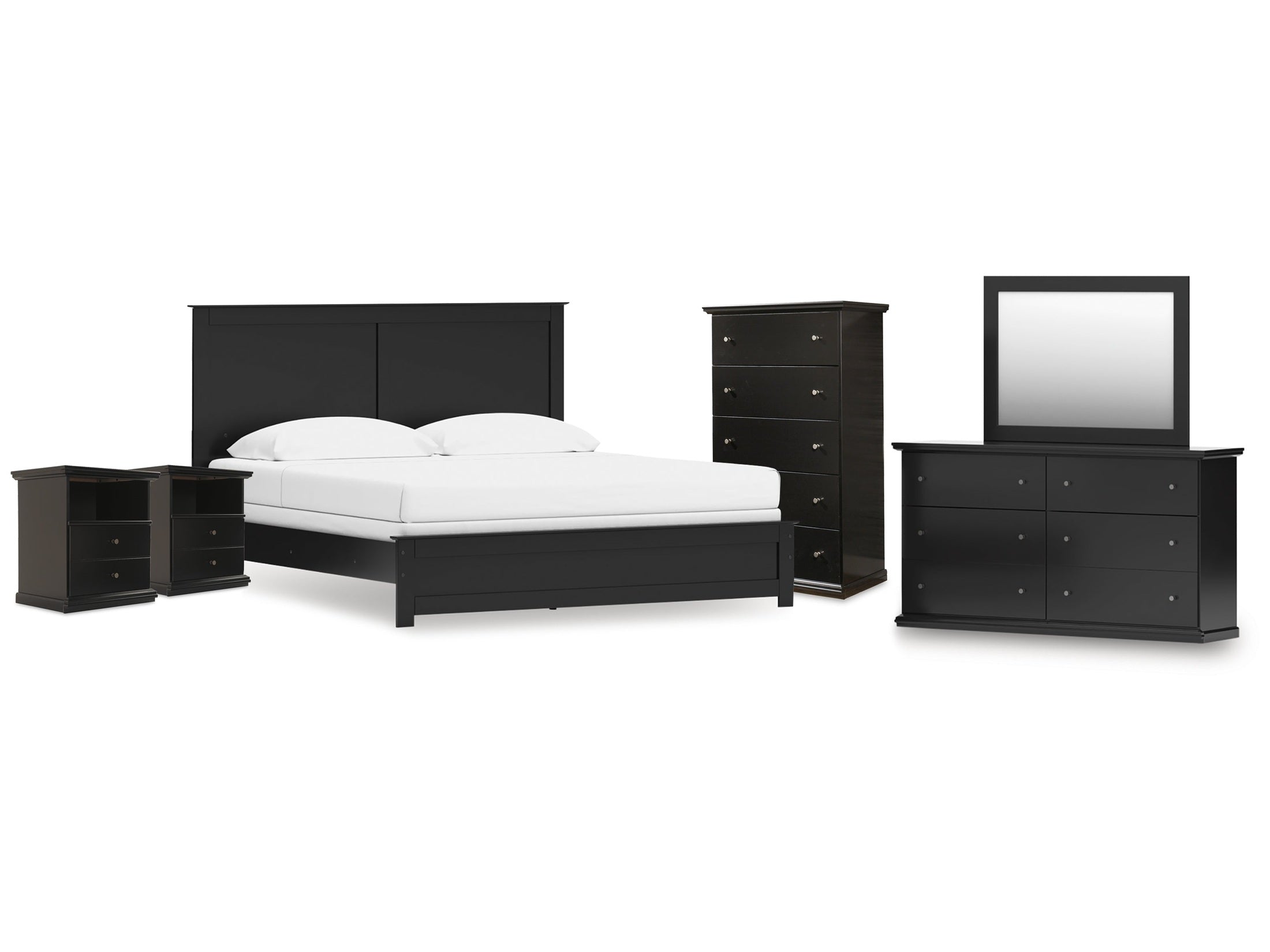 Maribel King Panel Bed, Dresser, Mirror, Chest, and 2 Nightstands