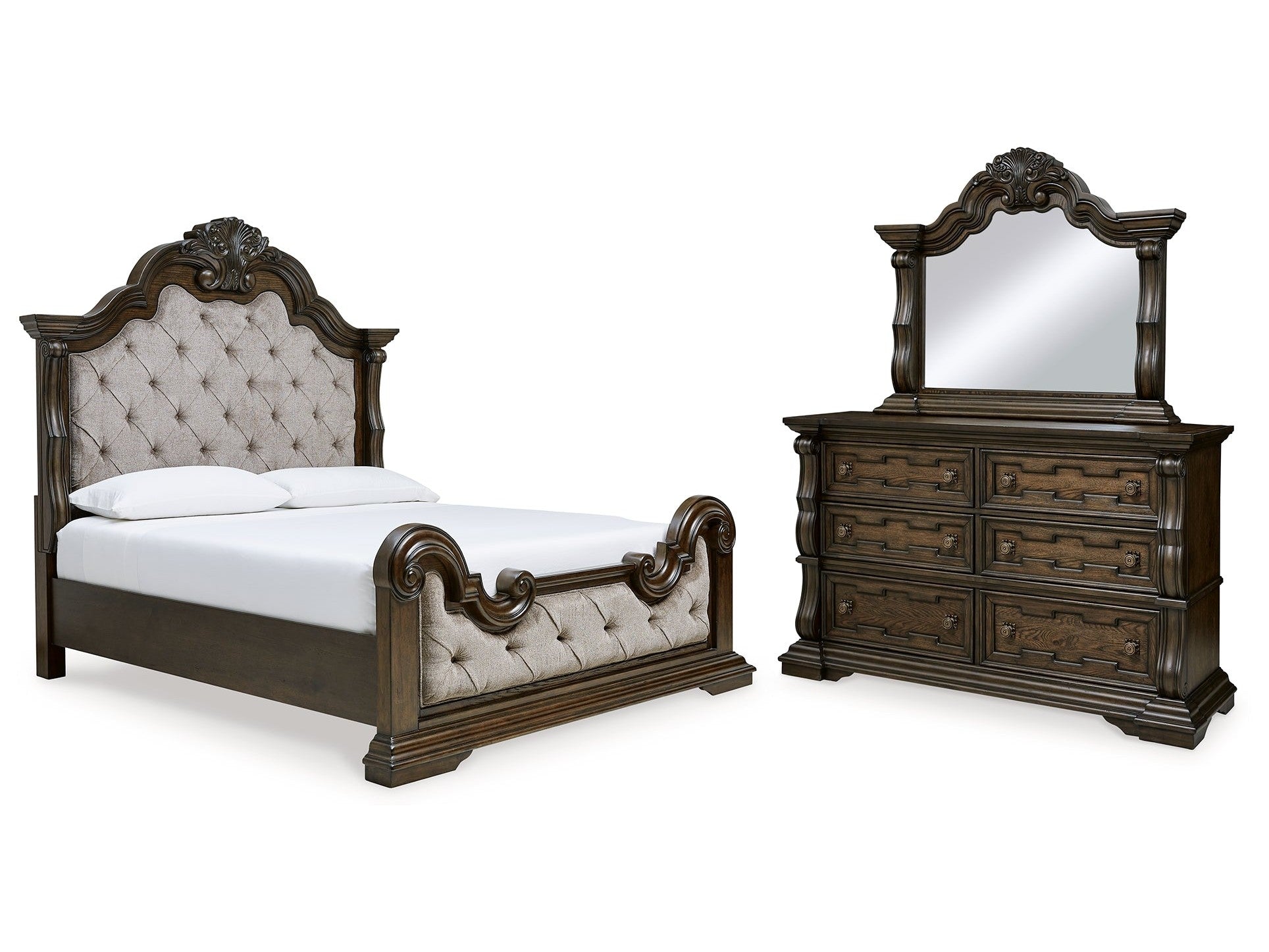 Maylee California King Upholstered Bedroom Set with Dresser and Mirror