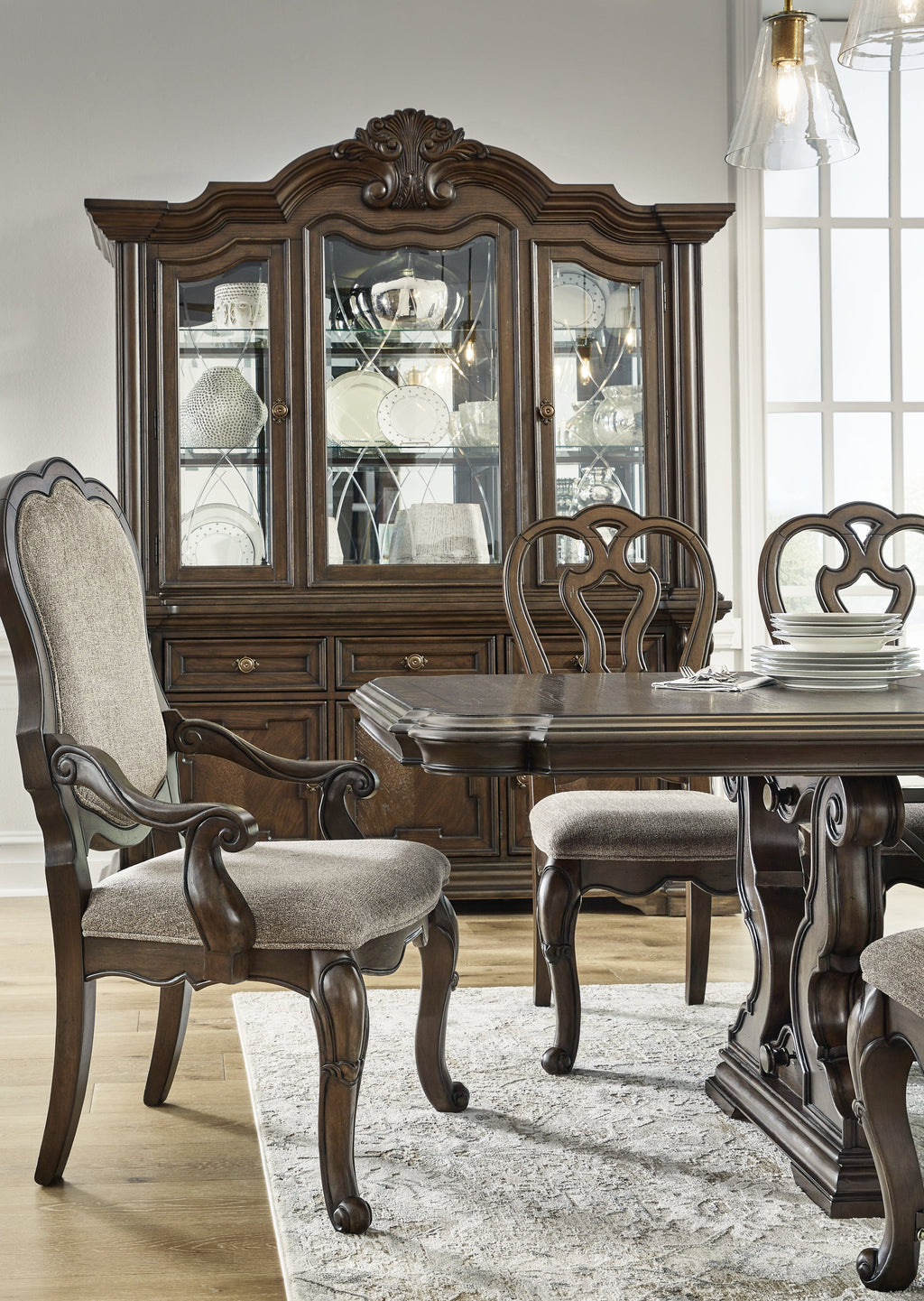 Maylee Dark Brown Dining Table, 6 Chairs and Bench