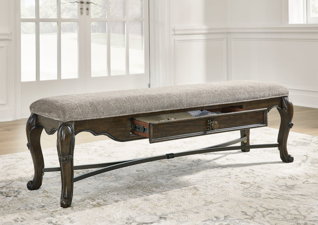 Maylee Dark Brown Dining Table, 6 Chairs and Bench