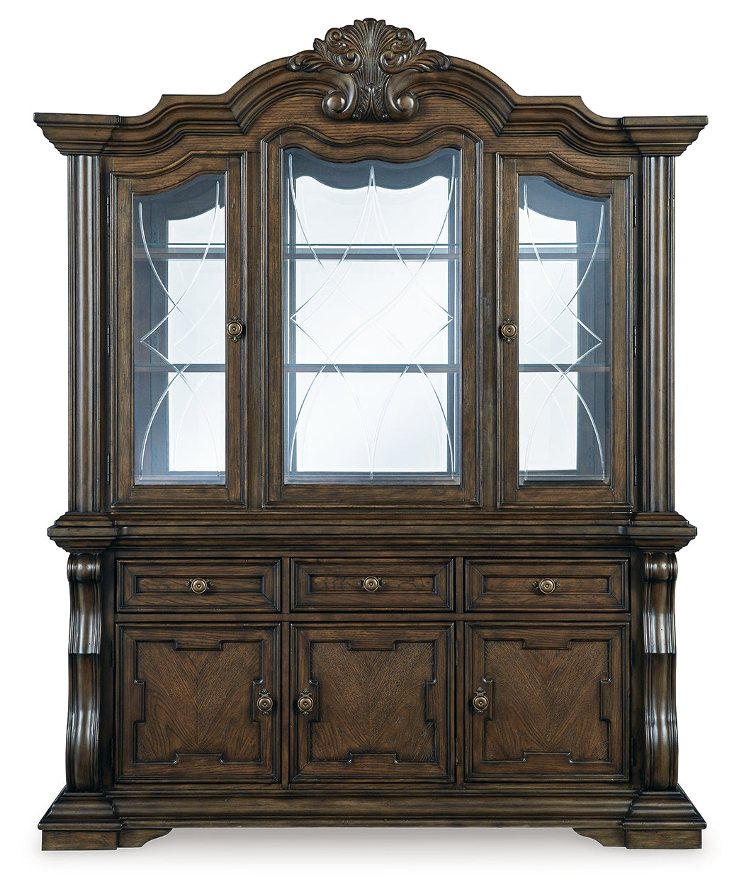 Maylee Dark Brown Dining Table with 6 Chairs and Buffet and Hutch