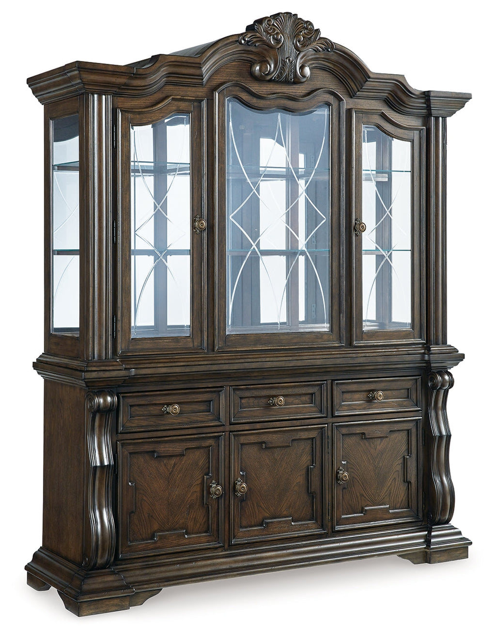 Maylee Dark Brown Dining Table with 6 Chairs and Buffet and Hutch