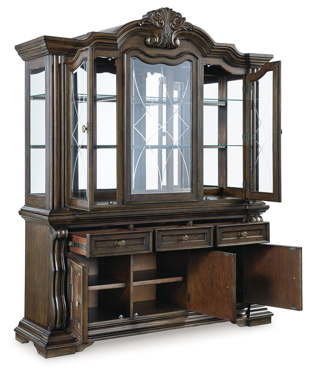 Maylee Dark Brown Dining Table with 6 Chairs and Buffet and Hutch