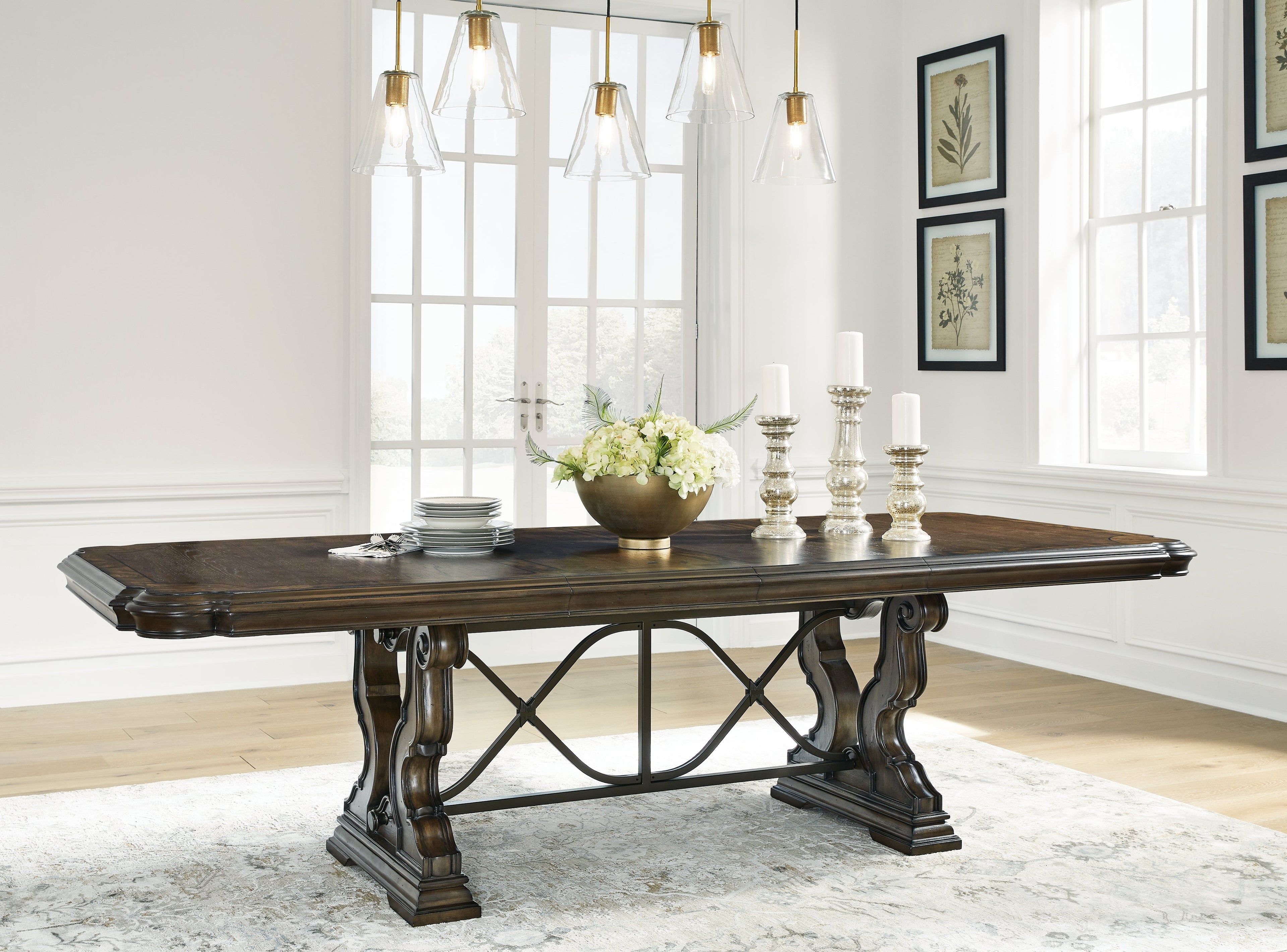 Maylee Dark Brown Dining Table with 6 Chairs and Buffet and Hutch