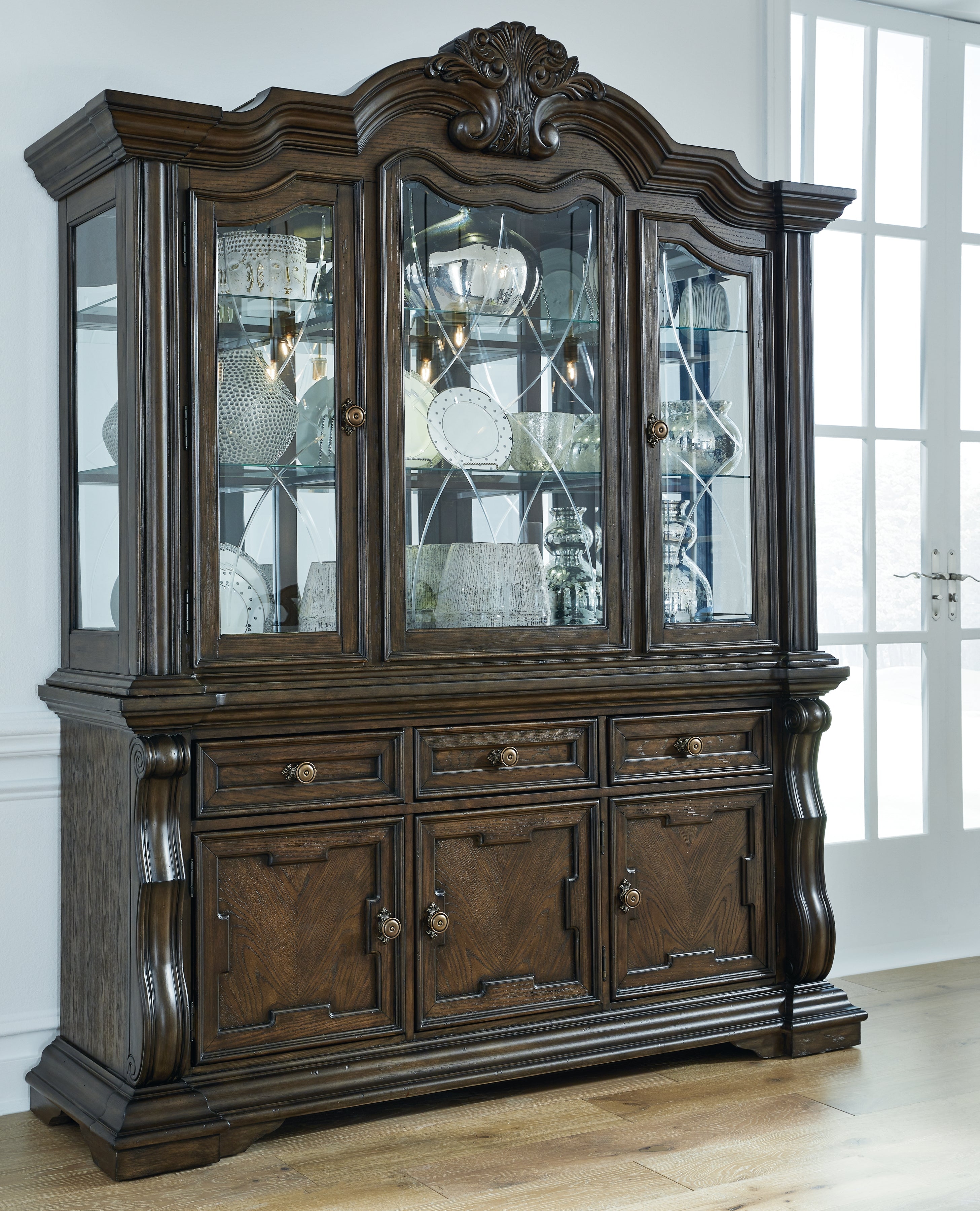 Maylee Dark Brown Dining Table with 6 Chairs and Buffet and Hutch