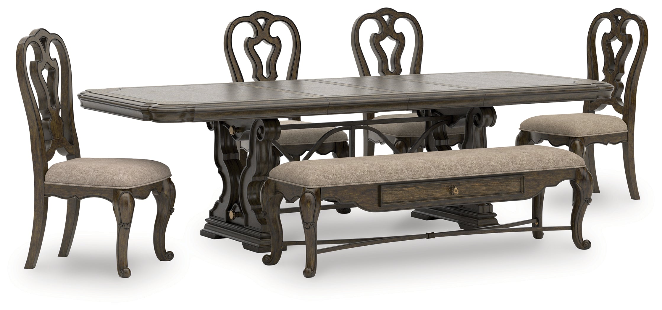 Maylee Dark Brown Extension Dining Table, 4 Chairs and Bench
