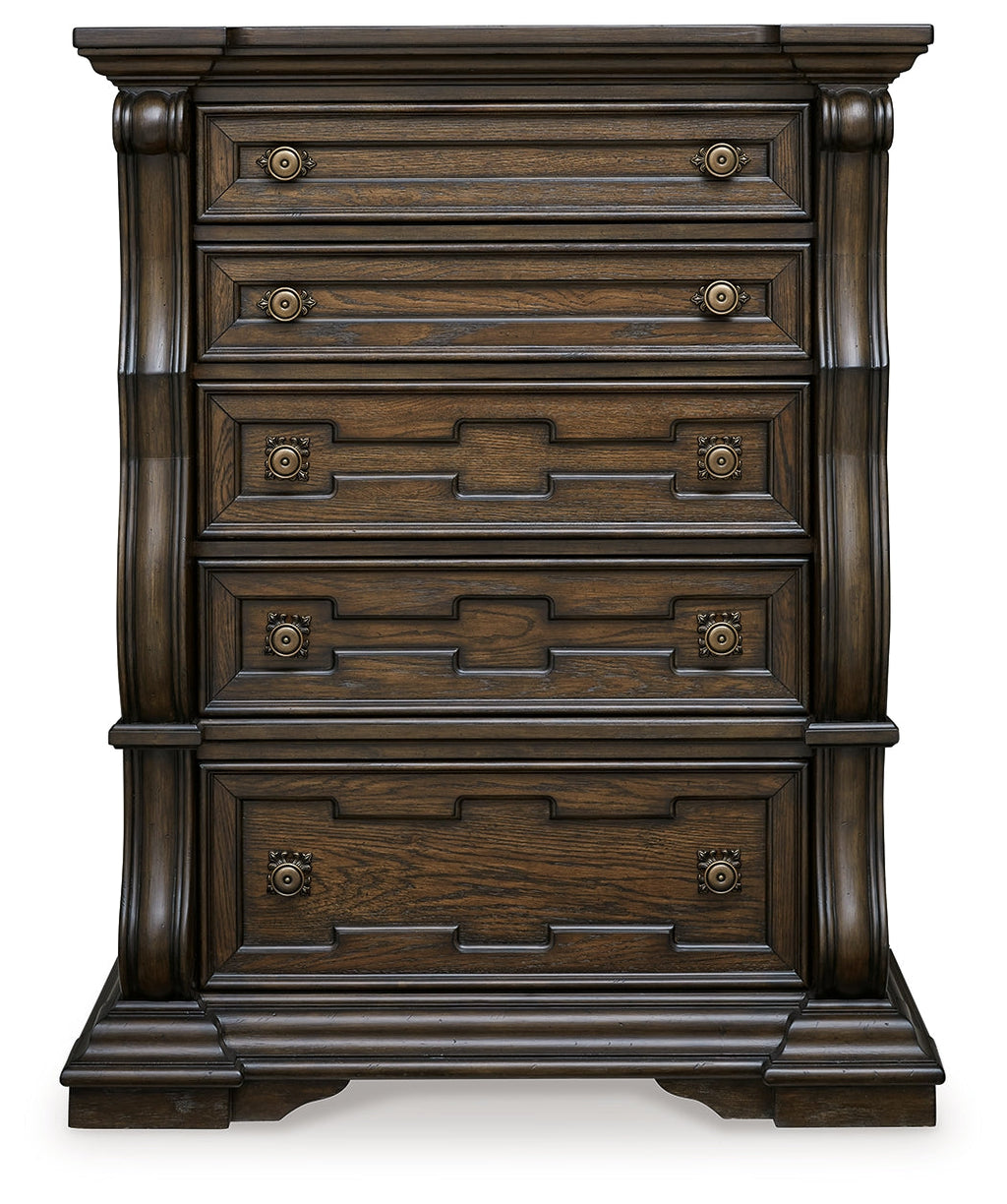 Maylee Dark Brown King Upholstered Panel Bed, Chest and 2 Nightstands