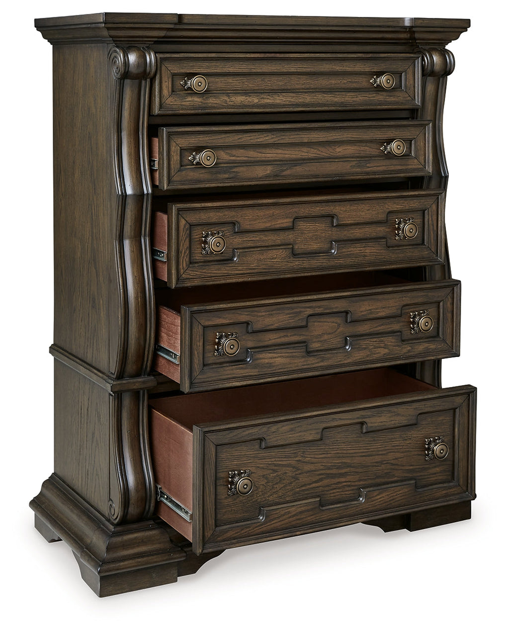 Maylee Dark Brown King Upholstered Panel Bed, Chest and 2 Nightstands