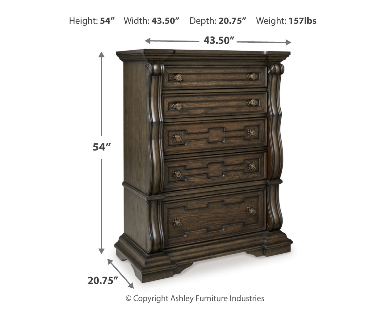 Maylee Dark Brown King Upholstered Panel Bed, Chest and 2 Nightstands