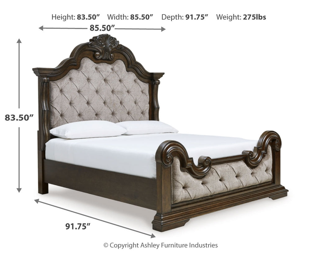 Maylee Dark Brown King Upholstered Panel Bed, Chest and 2 Nightstands