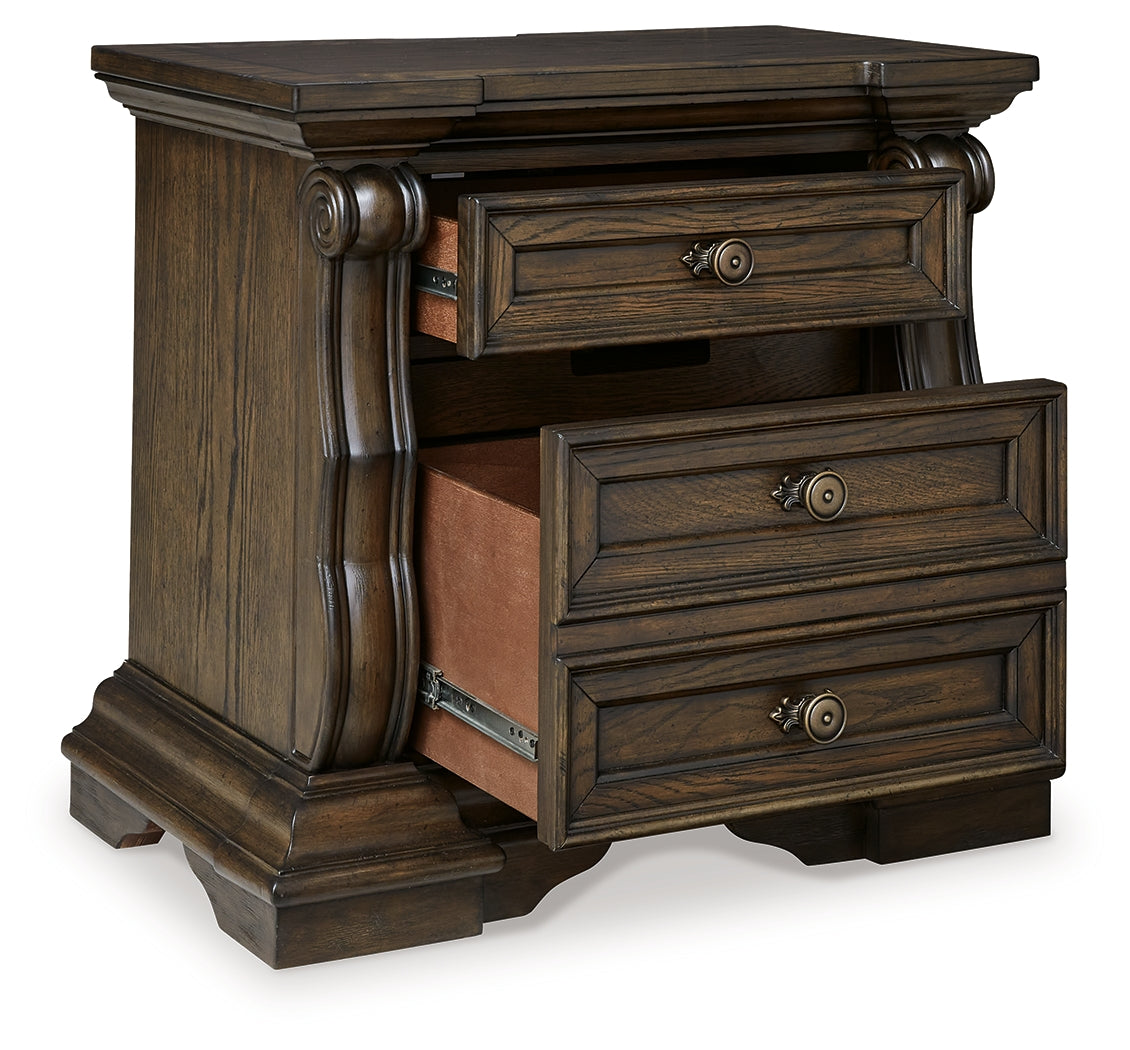 Maylee Dark Brown King Upholstered Panel Bed, Chest and 2 Nightstands