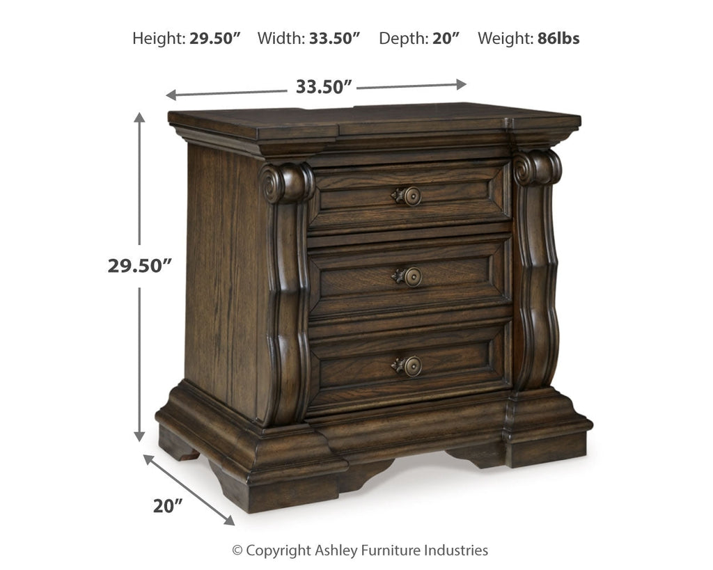 Maylee Dark Brown King Upholstered Panel Bed, Chest and 2 Nightstands