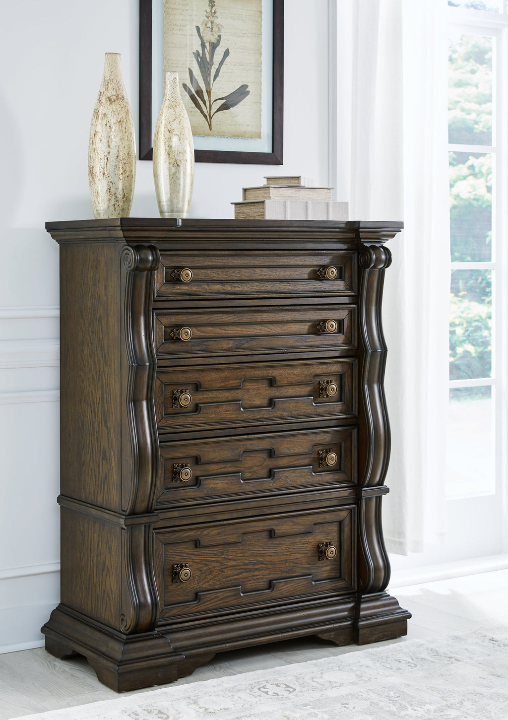 Maylee Dark Brown King Upholstered Panel Bed, Chest and 2 Nightstands