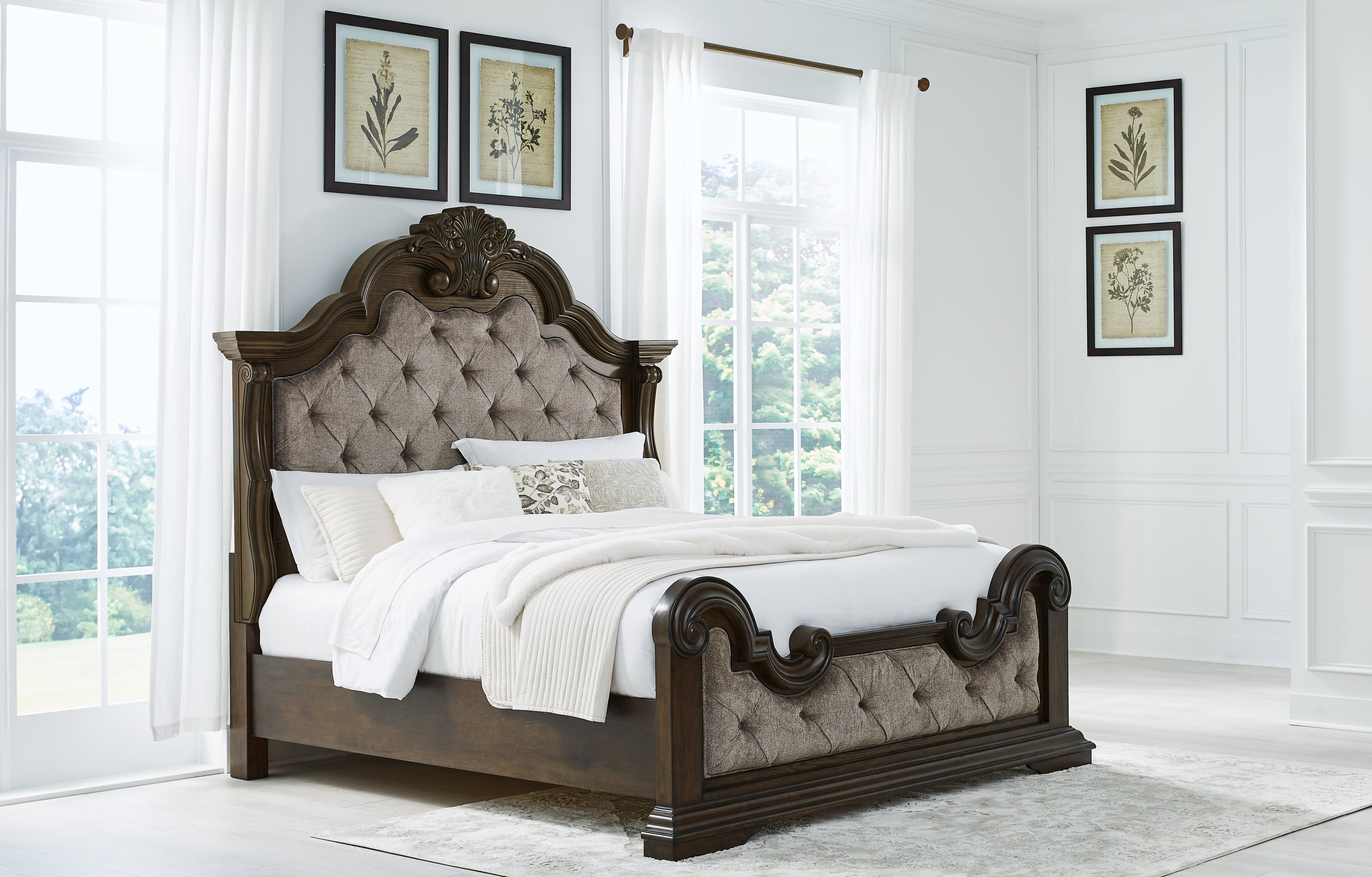 Maylee Dark Brown King Upholstered Panel Bed, Chest and 2 Nightstands