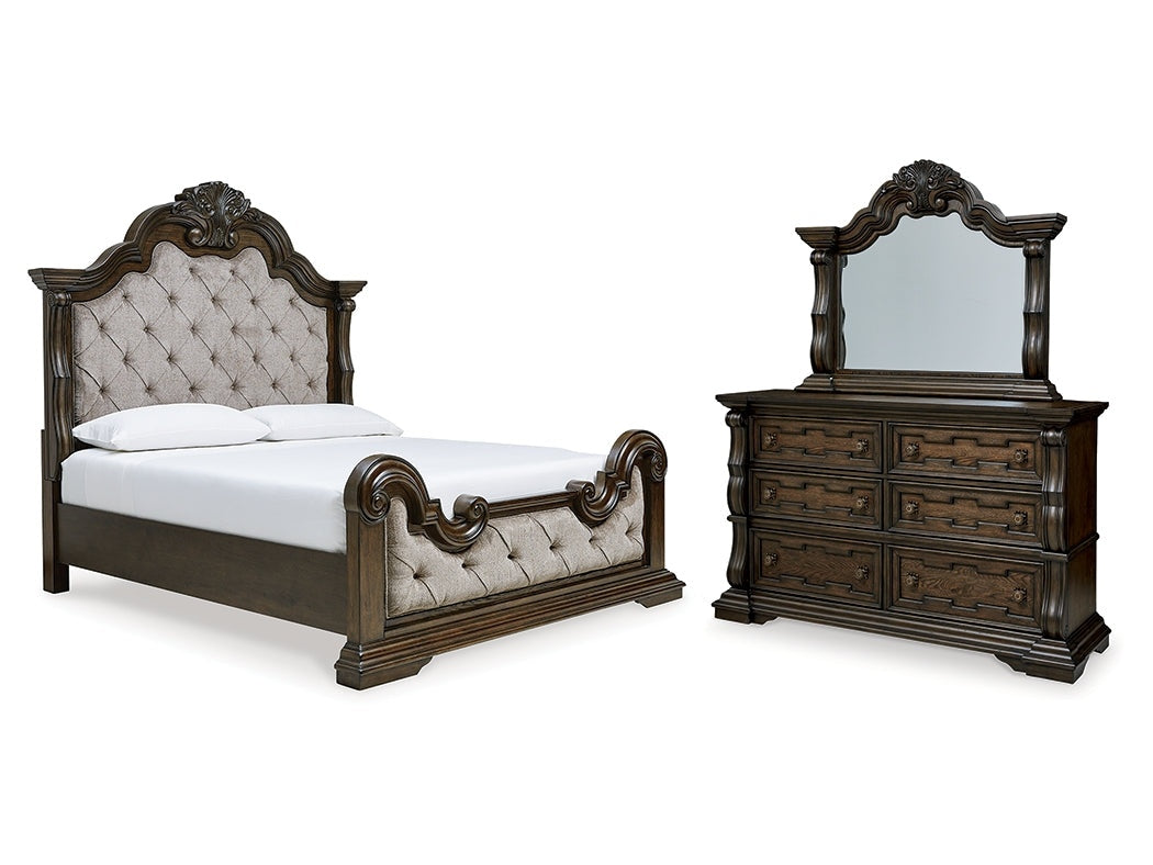 Maylee Dark Brown Queen Upholstered Bed & Dresser & Mirror