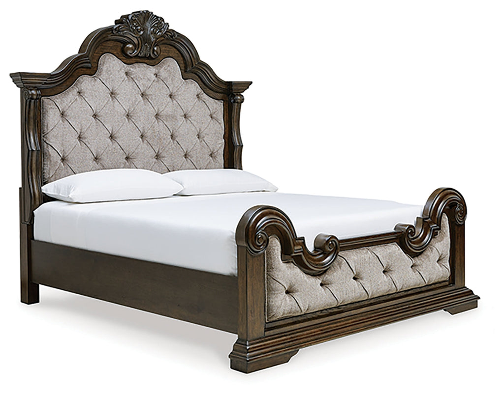 Maylee Dark Brown Queen Upholstered Bed & Dresser & Mirror
