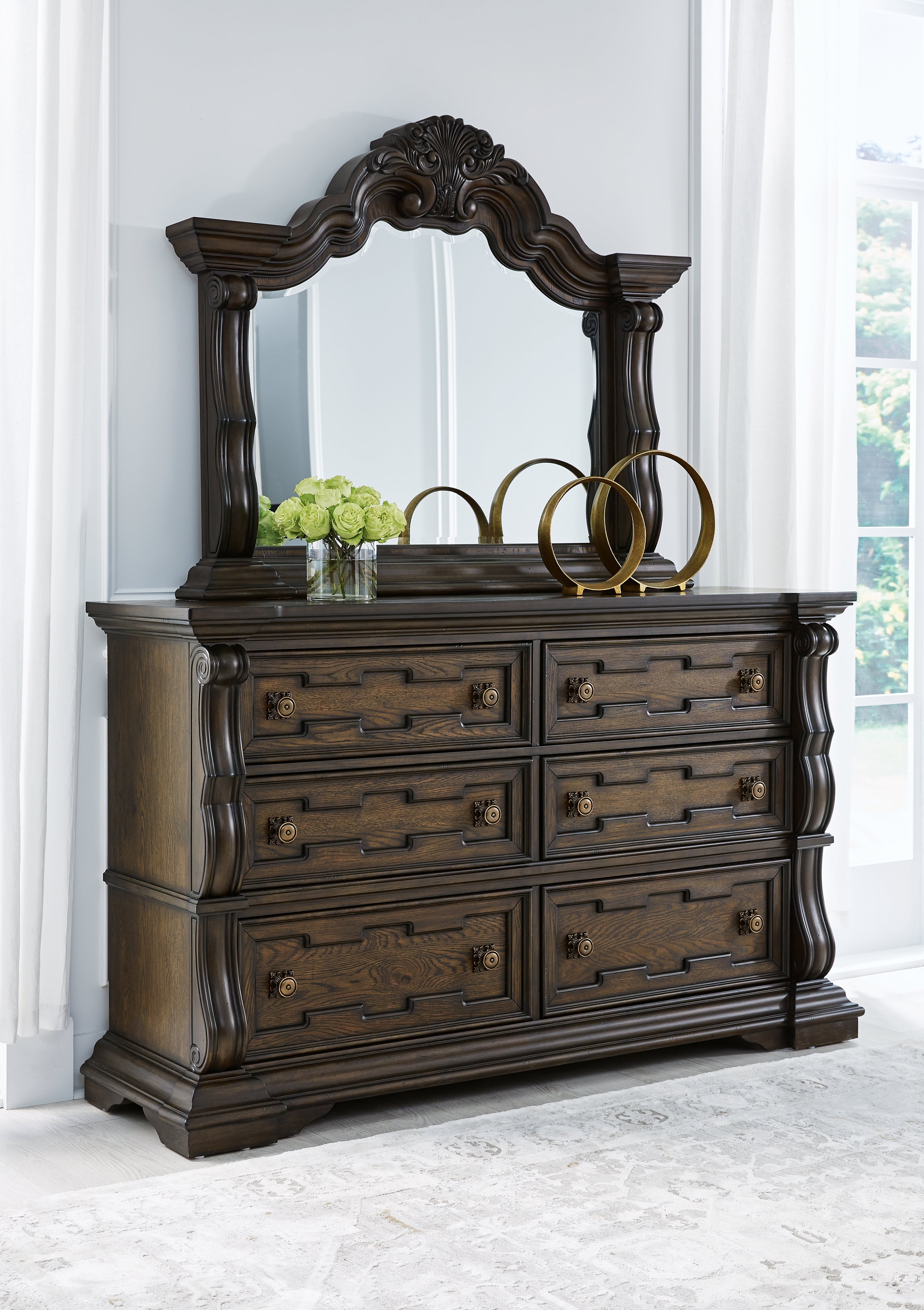 Maylee Dark Brown Queen Upholstered Bed & Dresser & Mirror