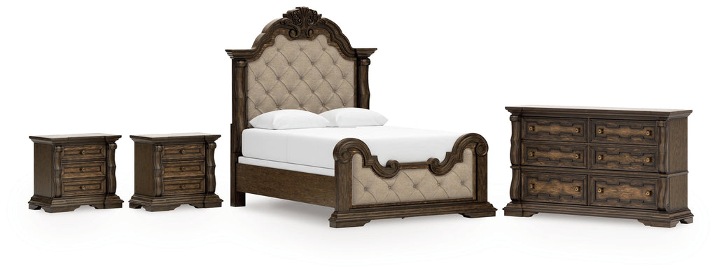 Maylee Queen Upholstered Panel Bed, Dresser and 2 Nightstands, Dark Brown