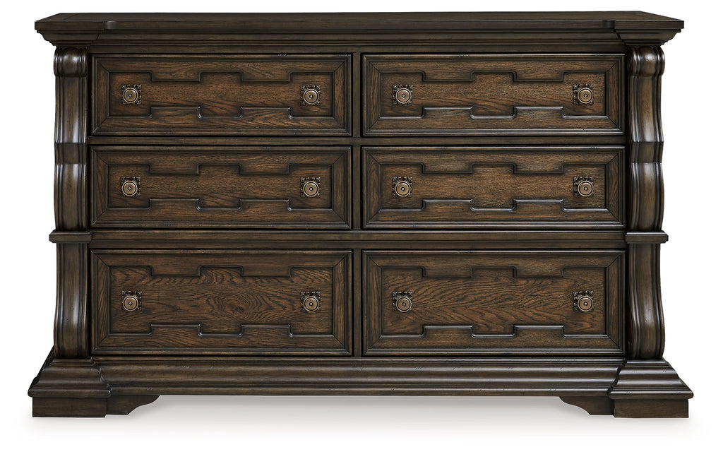 Maylee Queen Upholstered Panel Bed, Dresser and 2 Nightstands, Dark Brown