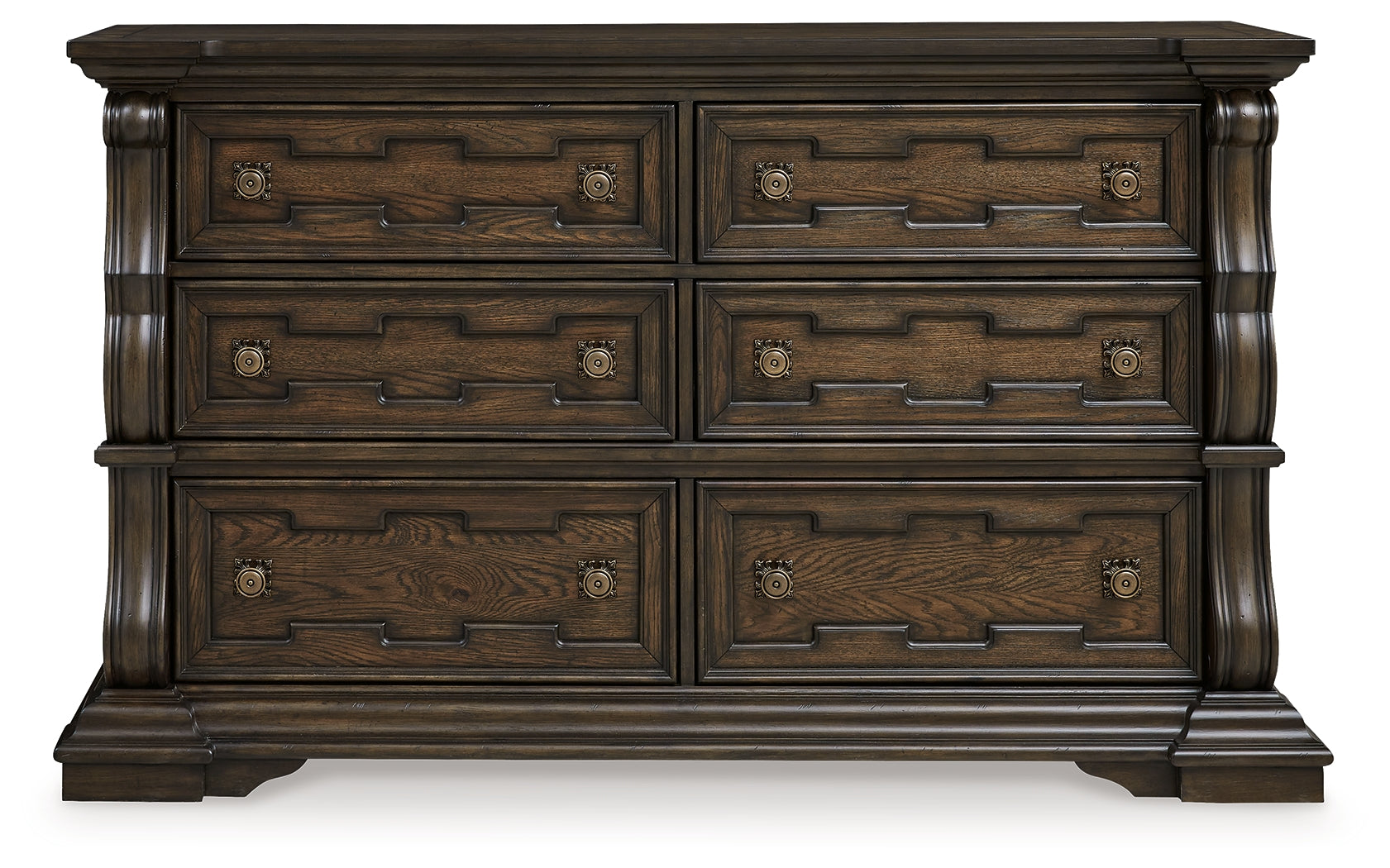 Maylee Queen Upholstered Panel Bed, Dresser and 2 Nightstands, Dark Brown
