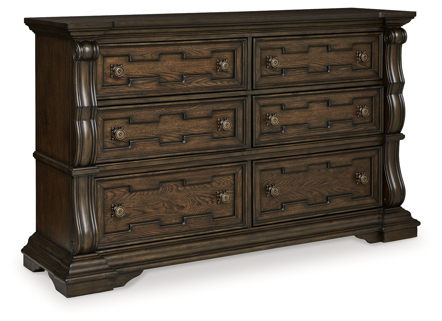 Maylee Queen Upholstered Panel Bed, Dresser and 2 Nightstands, Dark Brown