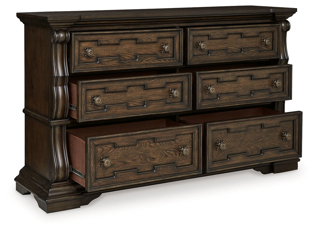 Maylee Queen Upholstered Panel Bed, Dresser and 2 Nightstands, Dark Brown