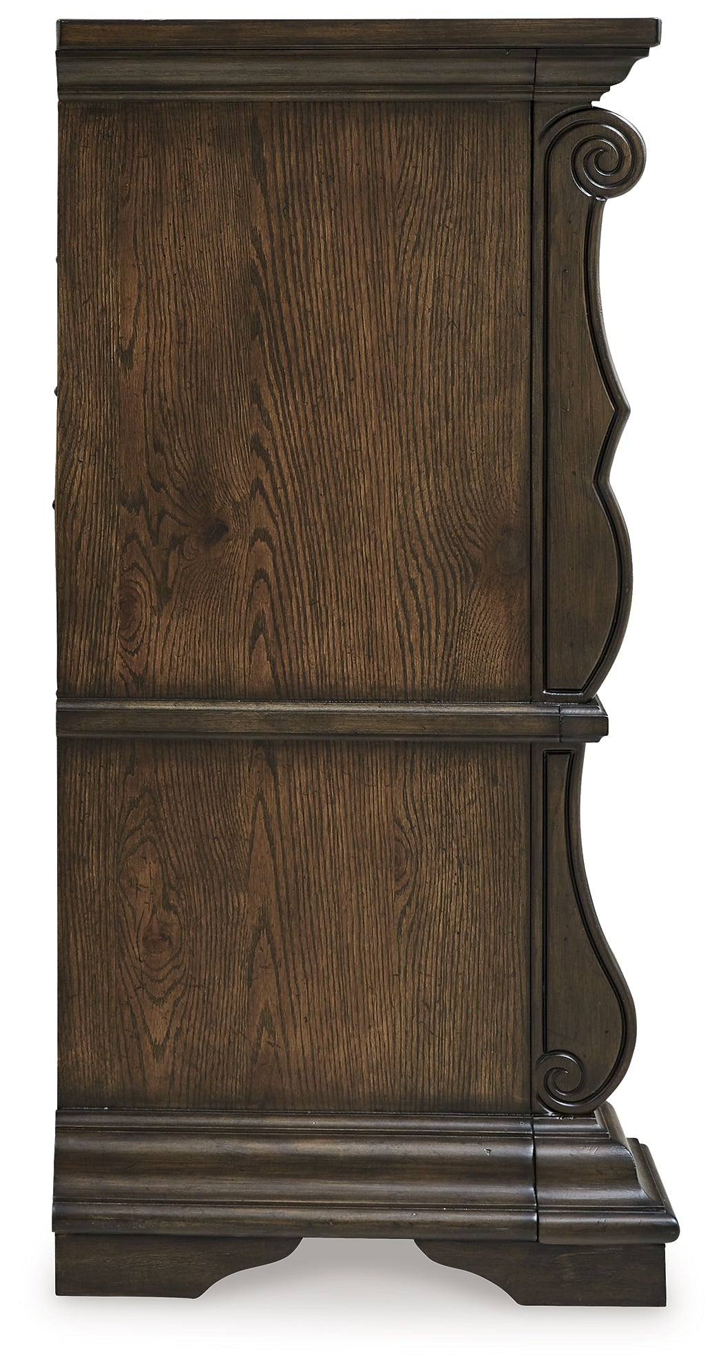 Maylee Queen Upholstered Panel Bed, Dresser and 2 Nightstands, Dark Brown