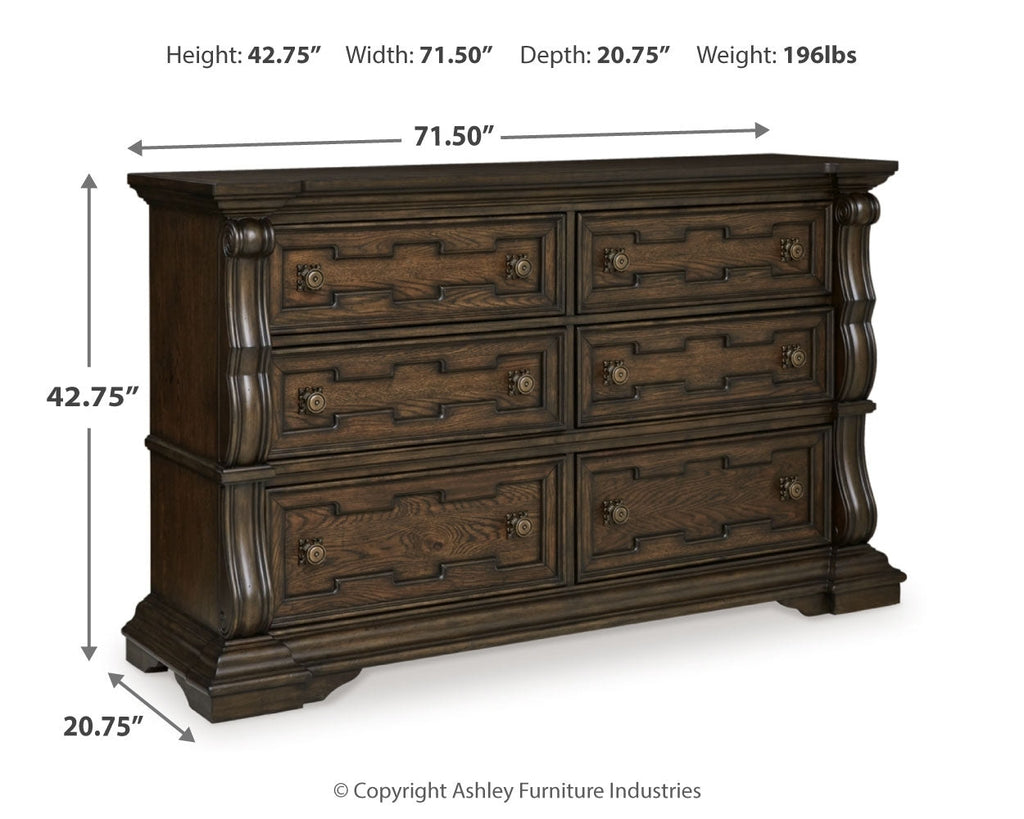Maylee Queen Upholstered Panel Bed, Dresser and 2 Nightstands, Dark Brown