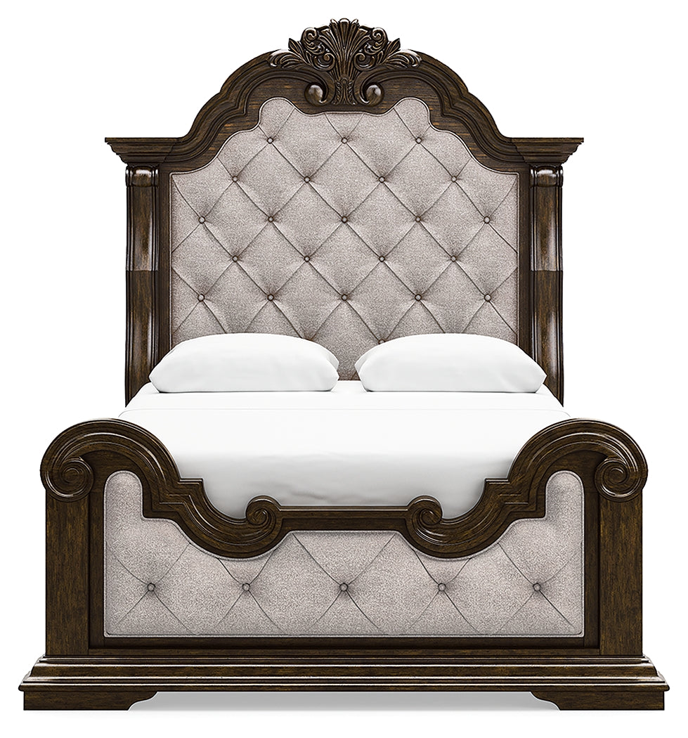 Maylee Queen Upholstered Panel Bed, Dresser and 2 Nightstands, Dark Brown