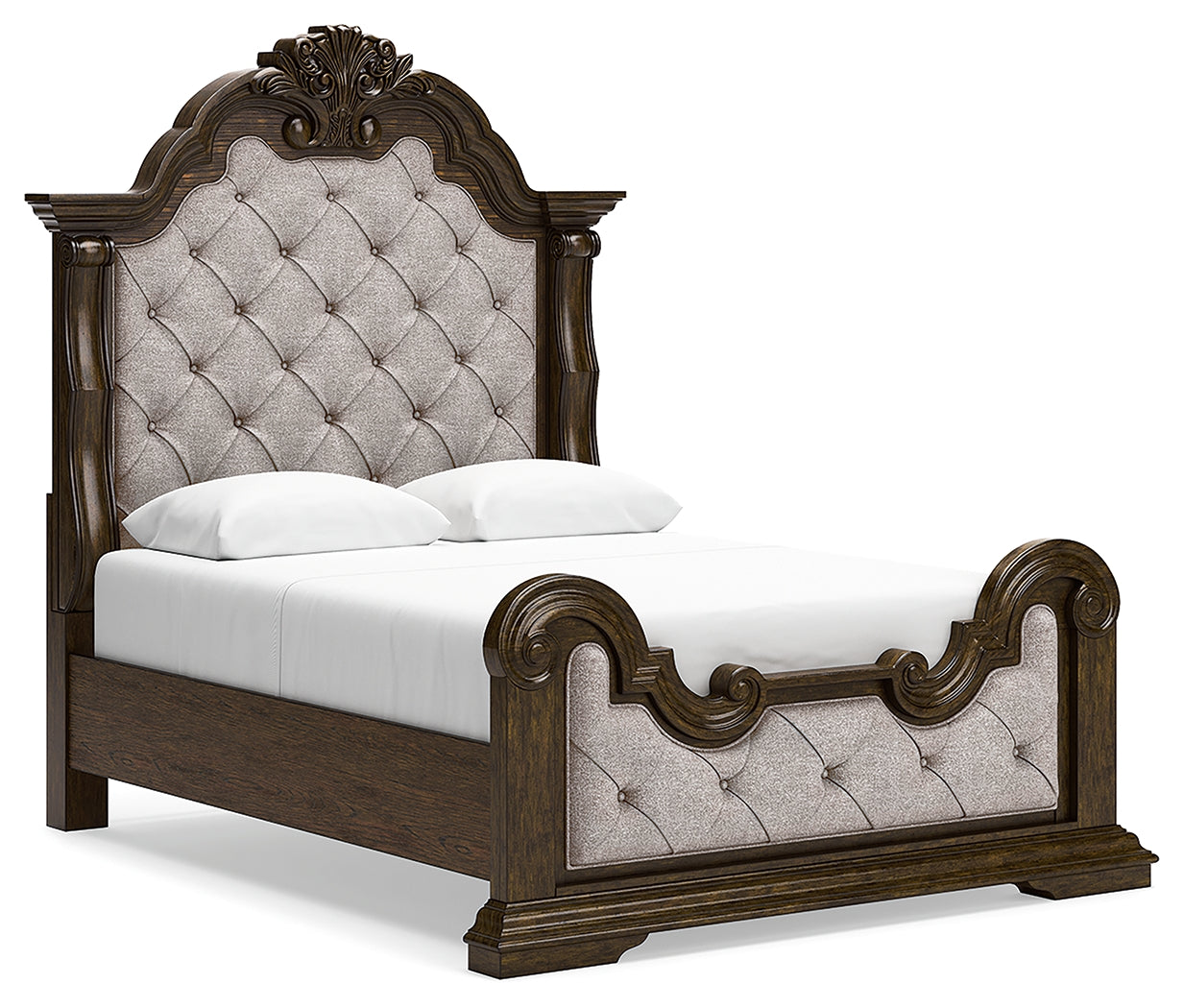 Maylee Queen Upholstered Panel Bed, Dresser and 2 Nightstands, Dark Brown