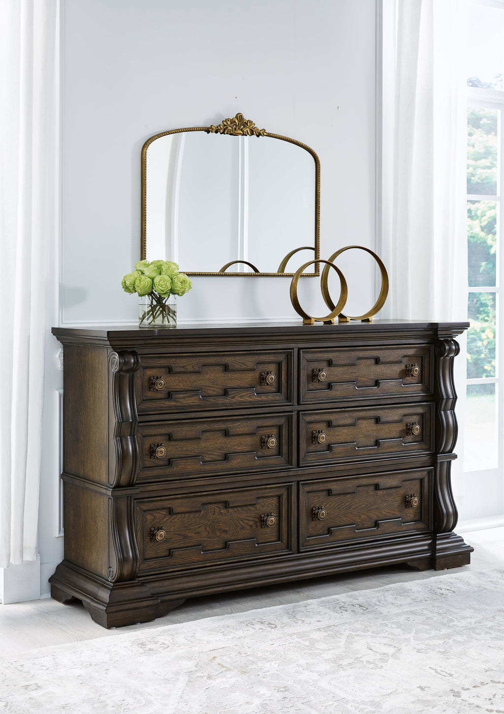Maylee Queen Upholstered Panel Bed, Dresser and 2 Nightstands, Dark Brown