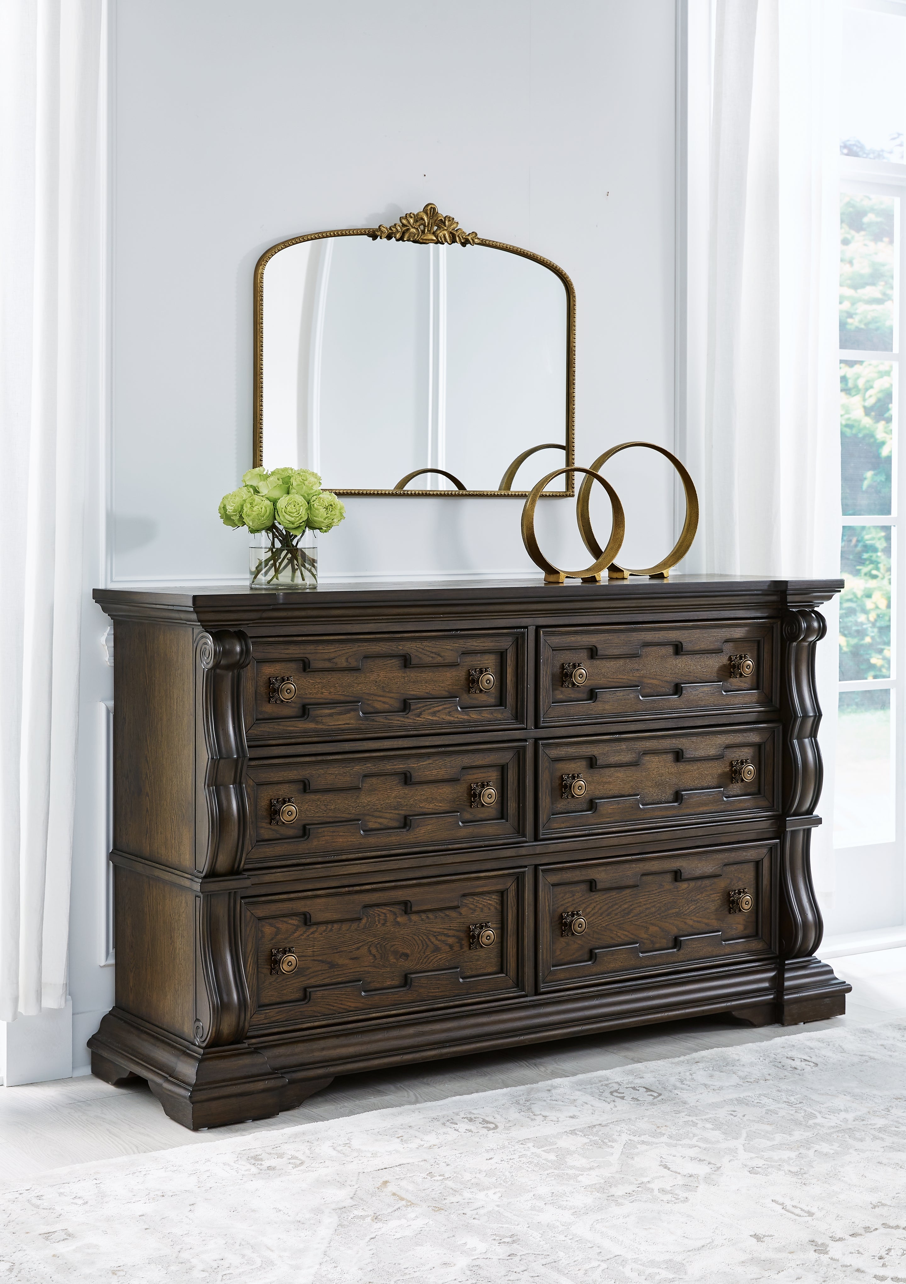 Maylee Queen Upholstered Panel Bed, Dresser and 2 Nightstands, Dark Brown