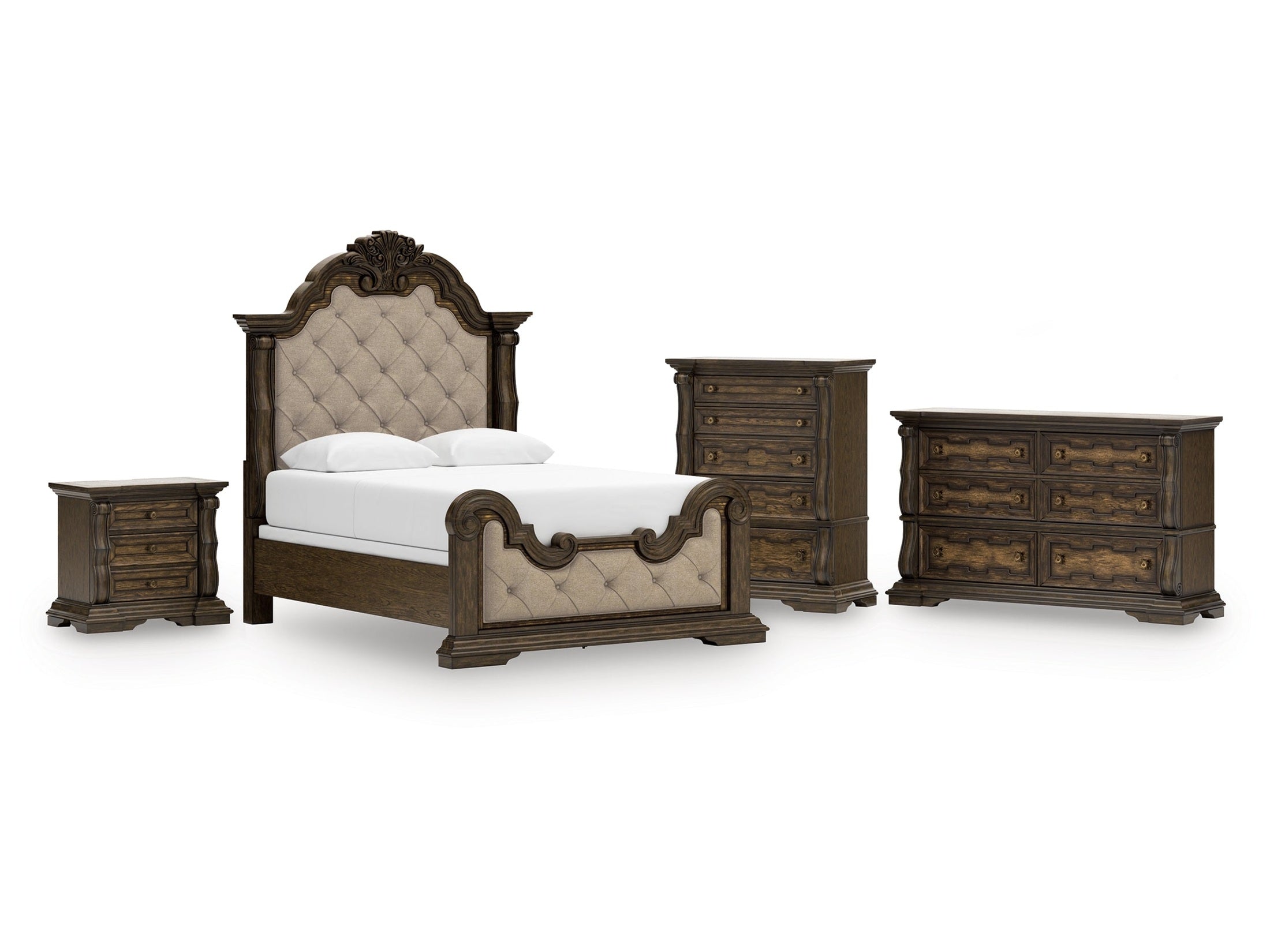 Maylee Queen Upholstered Bed, Dresser, Chest and Nightstand