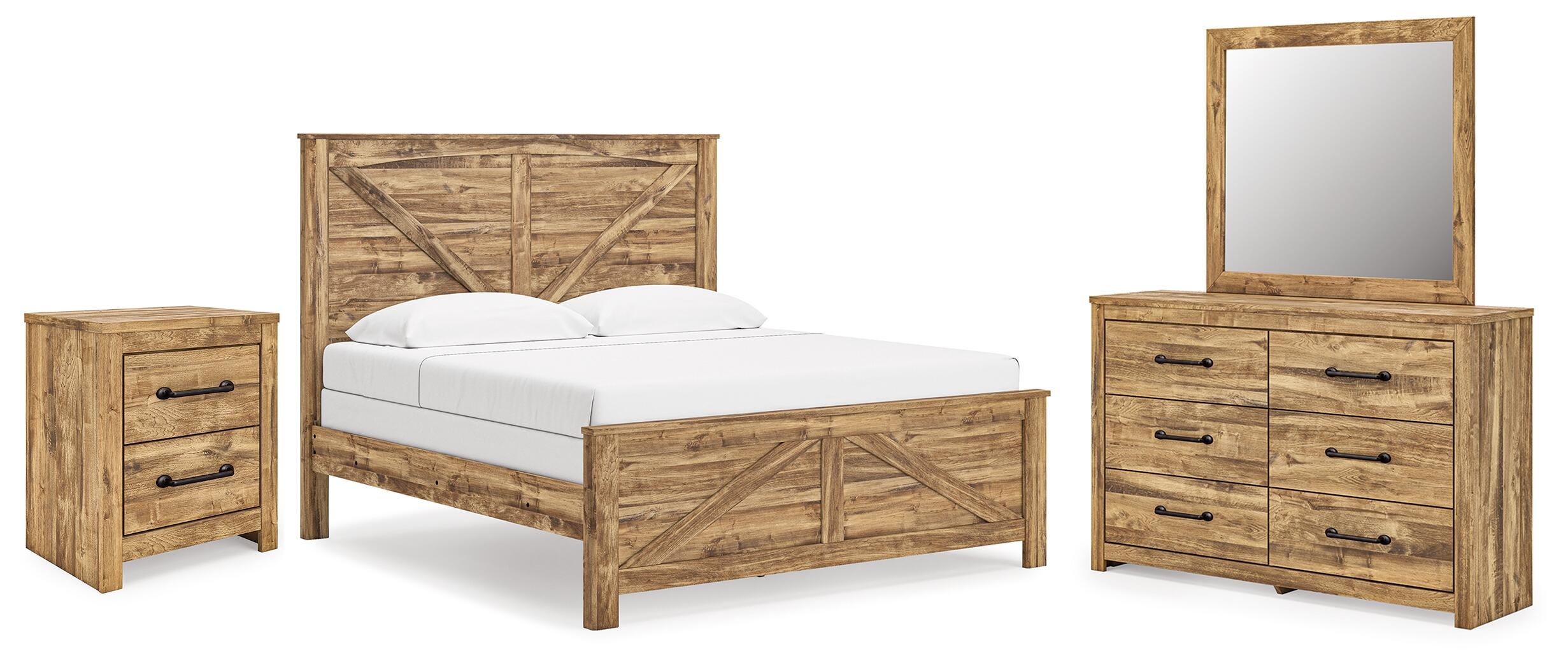 Maystonna King Crossbuck Panel Bed, Dresser, Mirror and Nightstand, Brown