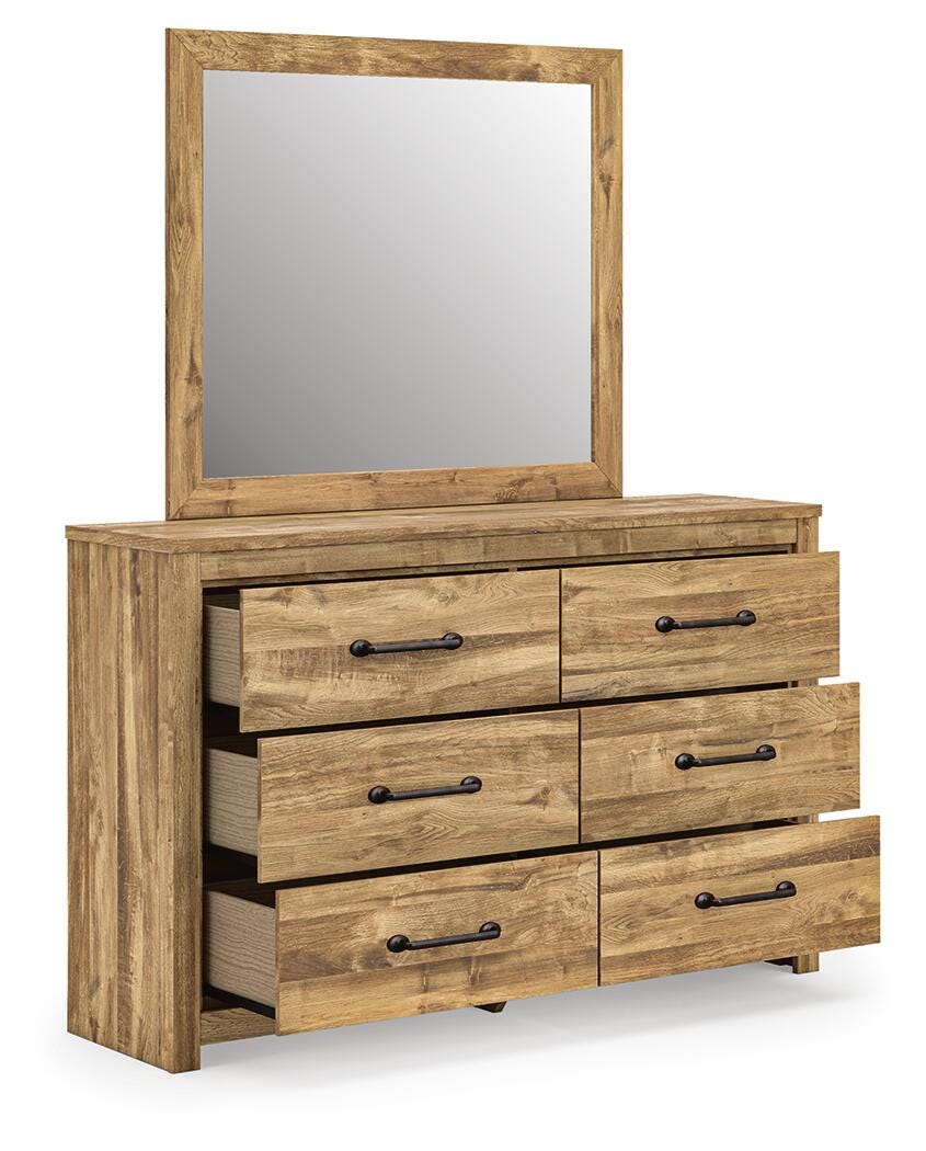 Maystonna King Crossbuck Panel Bed, Dresser, Mirror and Nightstand, Brown
