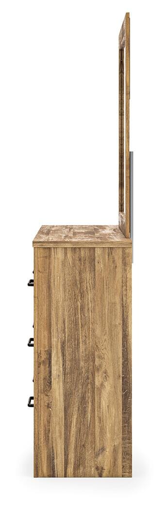 Maystonna King Crossbuck Panel Bed, Dresser, Mirror and Nightstand, Brown