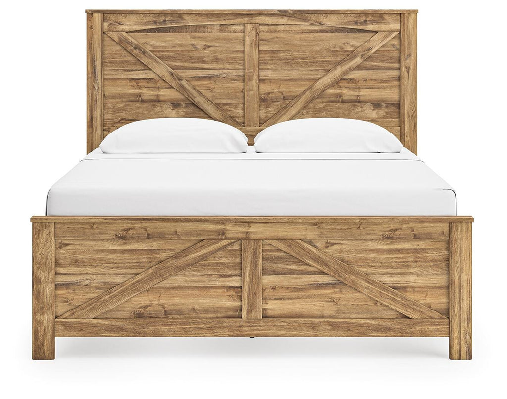 Maystonna King Crossbuck Panel Bed, Dresser, Mirror and Nightstand, Brown