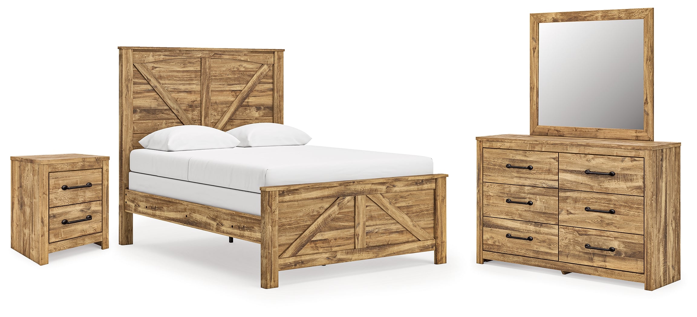 Maystonna Queen Crossbuck Panel Bed, Dresser, Mirror and Nightstand, Brown