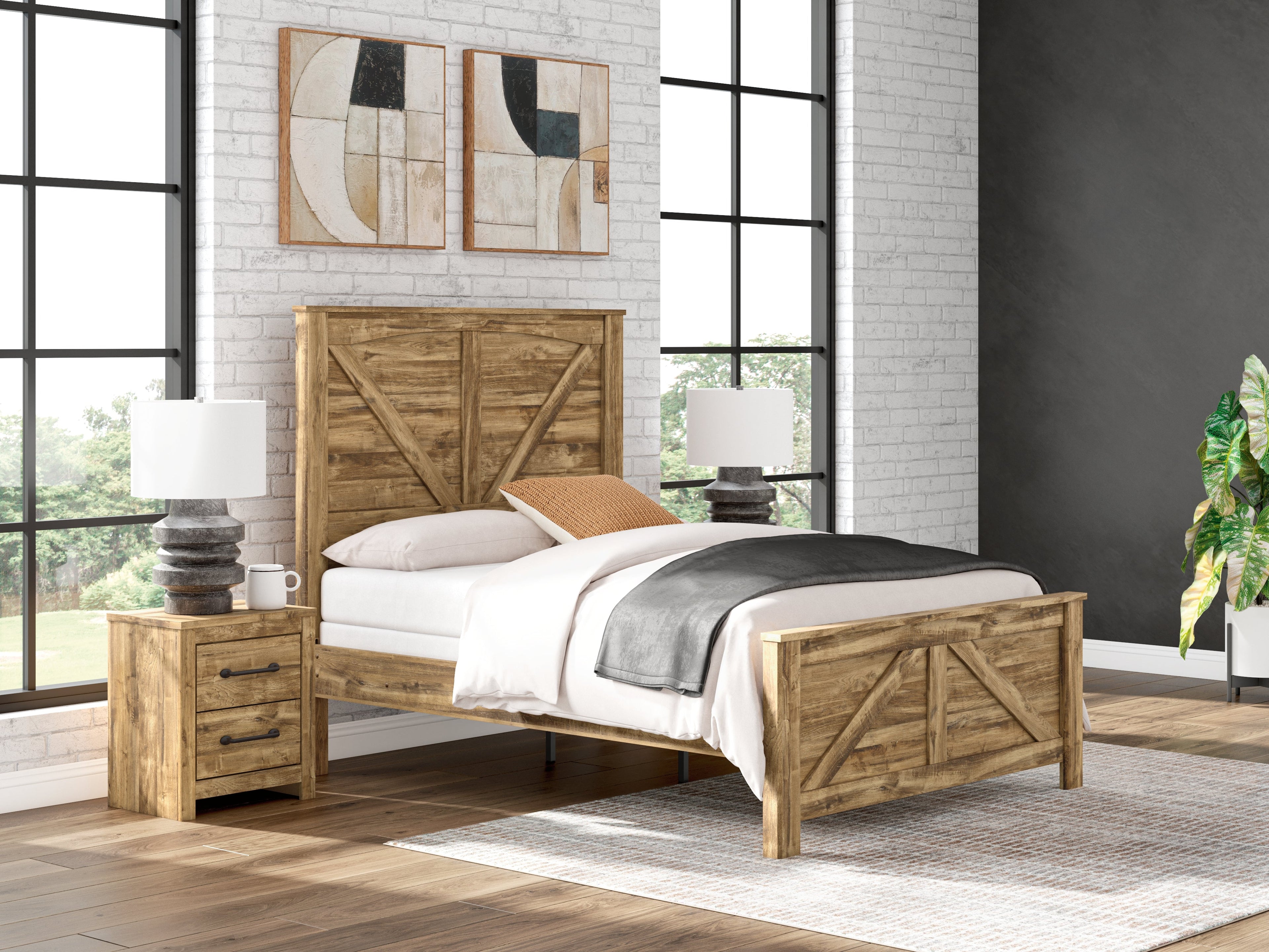 Maystonna Queen Crossbuck Panel Bed, Dresser, Mirror and Nightstand, Brown