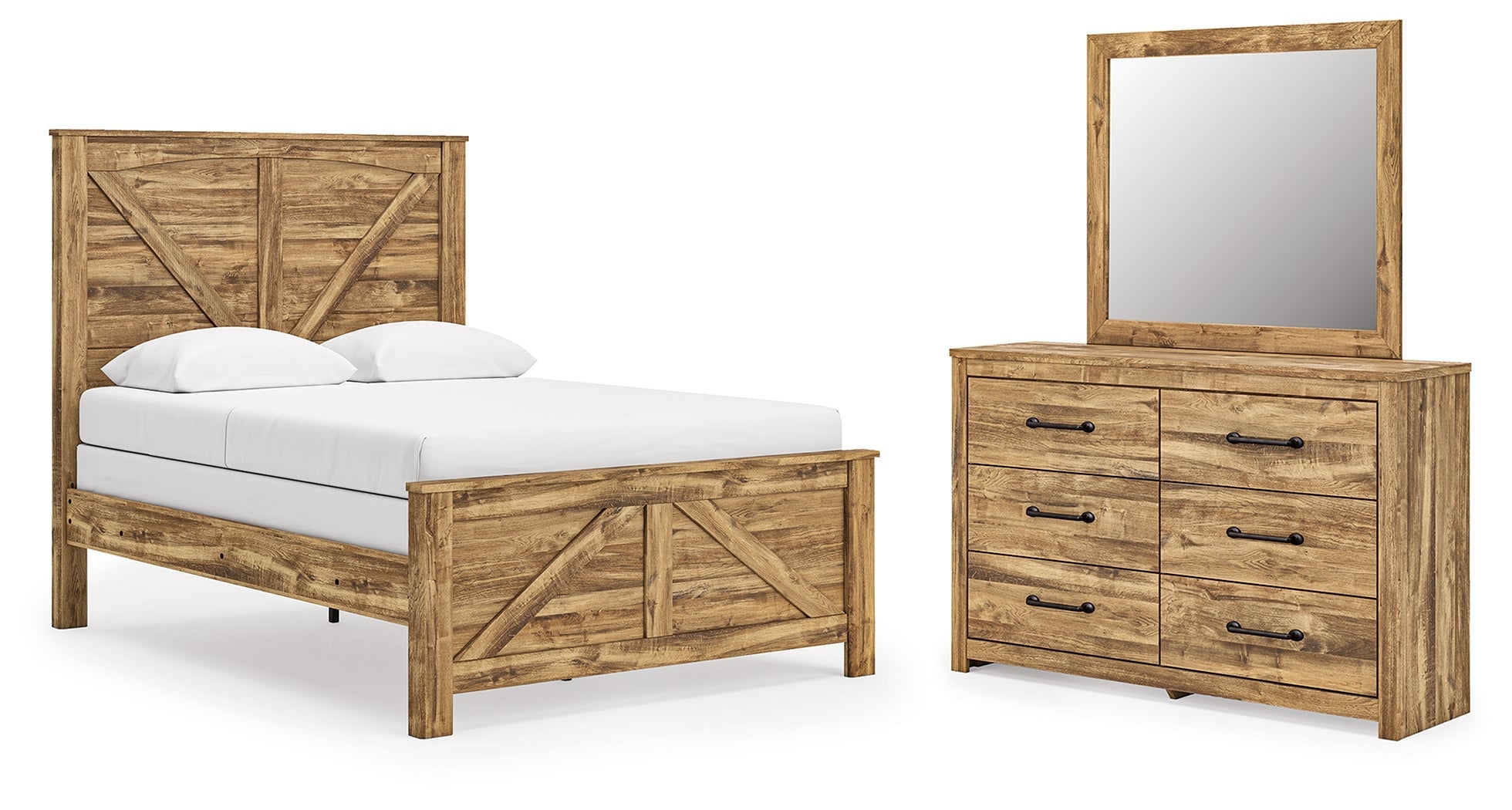 Maystonna Brown Queen Crossbuck Panel Bed, Dresser and Mirror