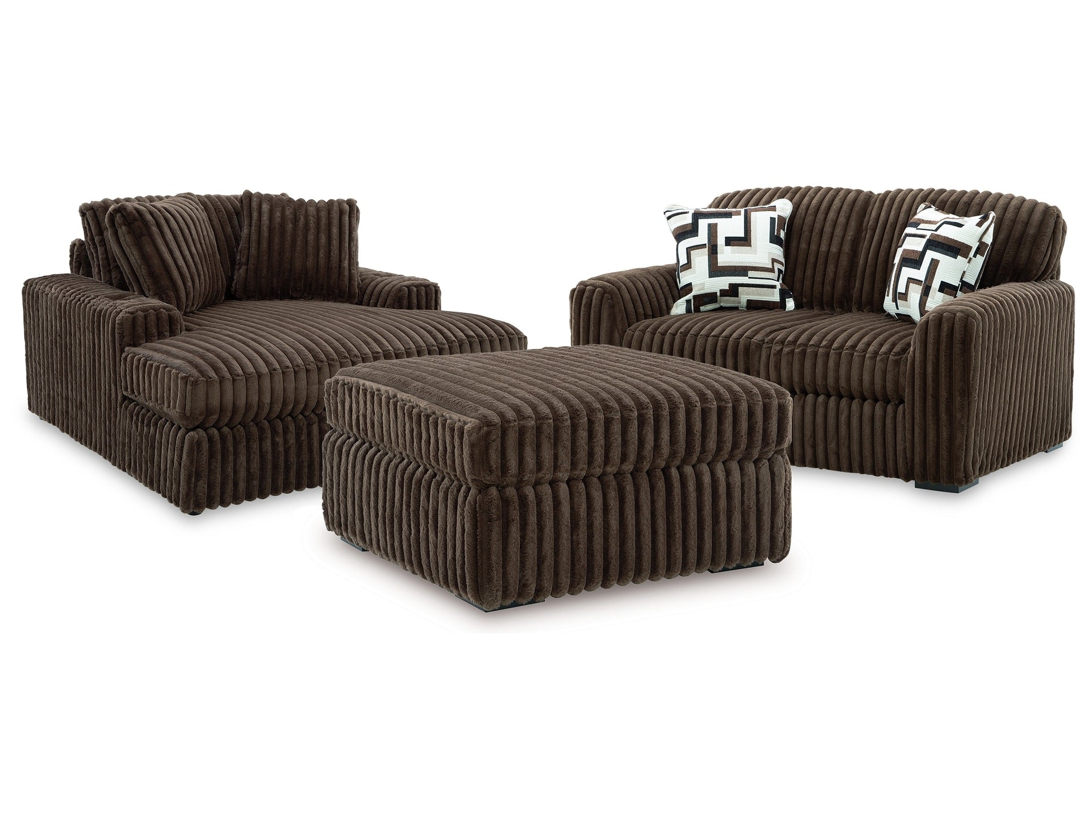 Midnight-Madness Chocolate Loveseat, Oversized Chaise and Ottoman