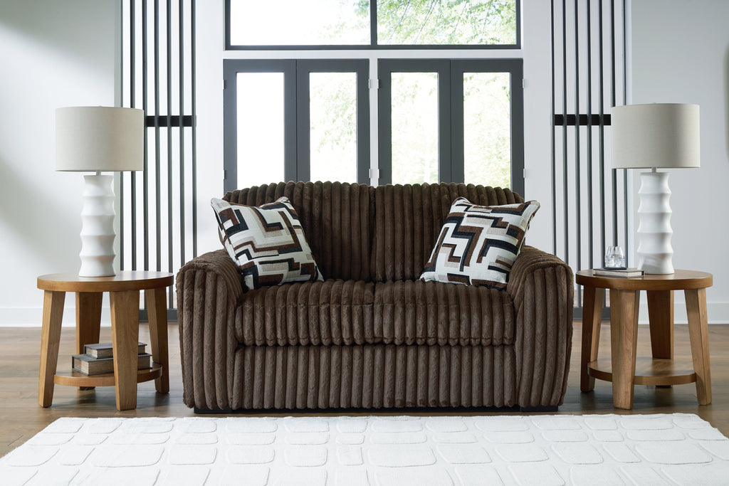Midnight-Madness Chocolate Loveseat, Oversized Chaise and Ottoman