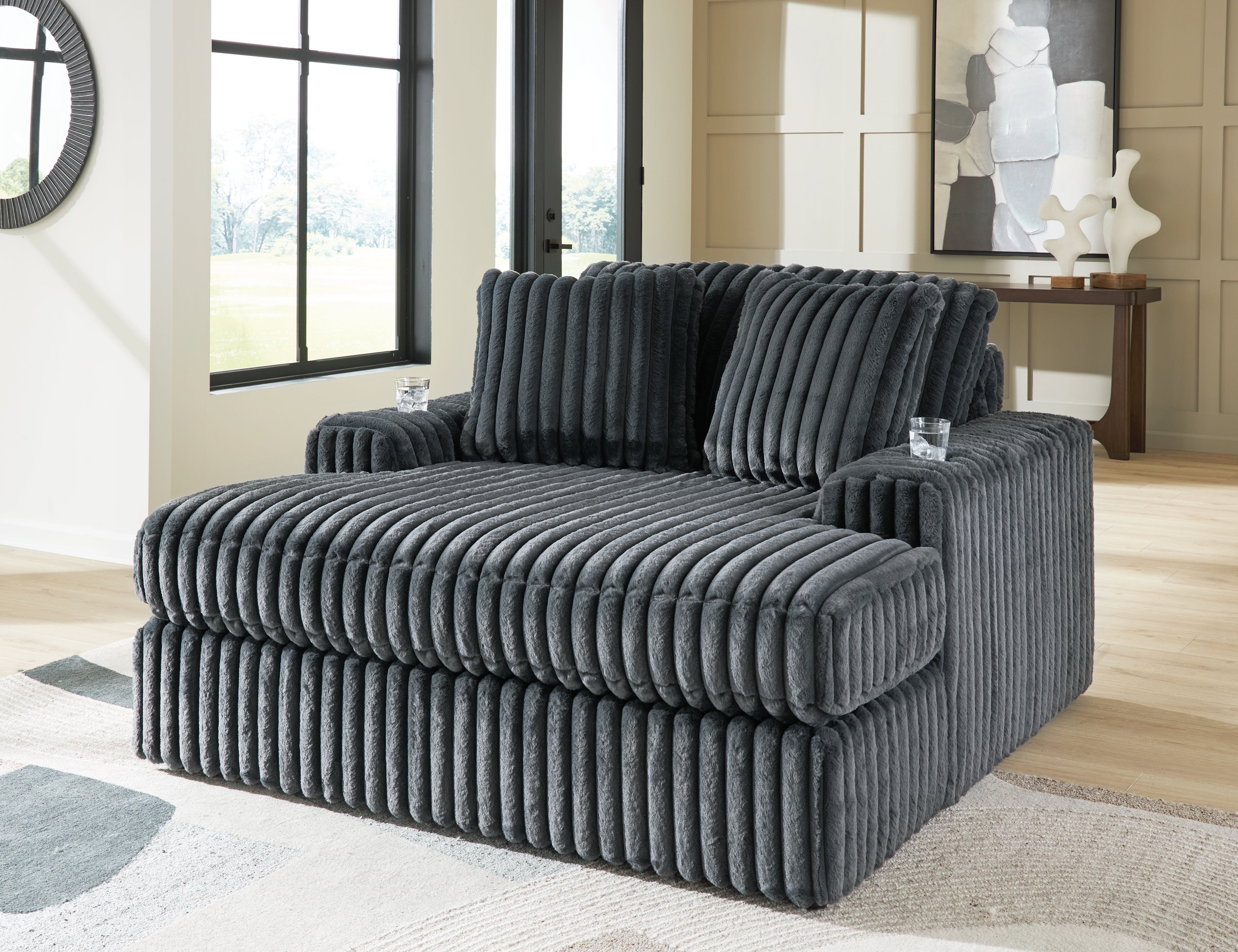 Midnight-Madness Gunmetal Sofa, Loveseat and Oversized Chaise