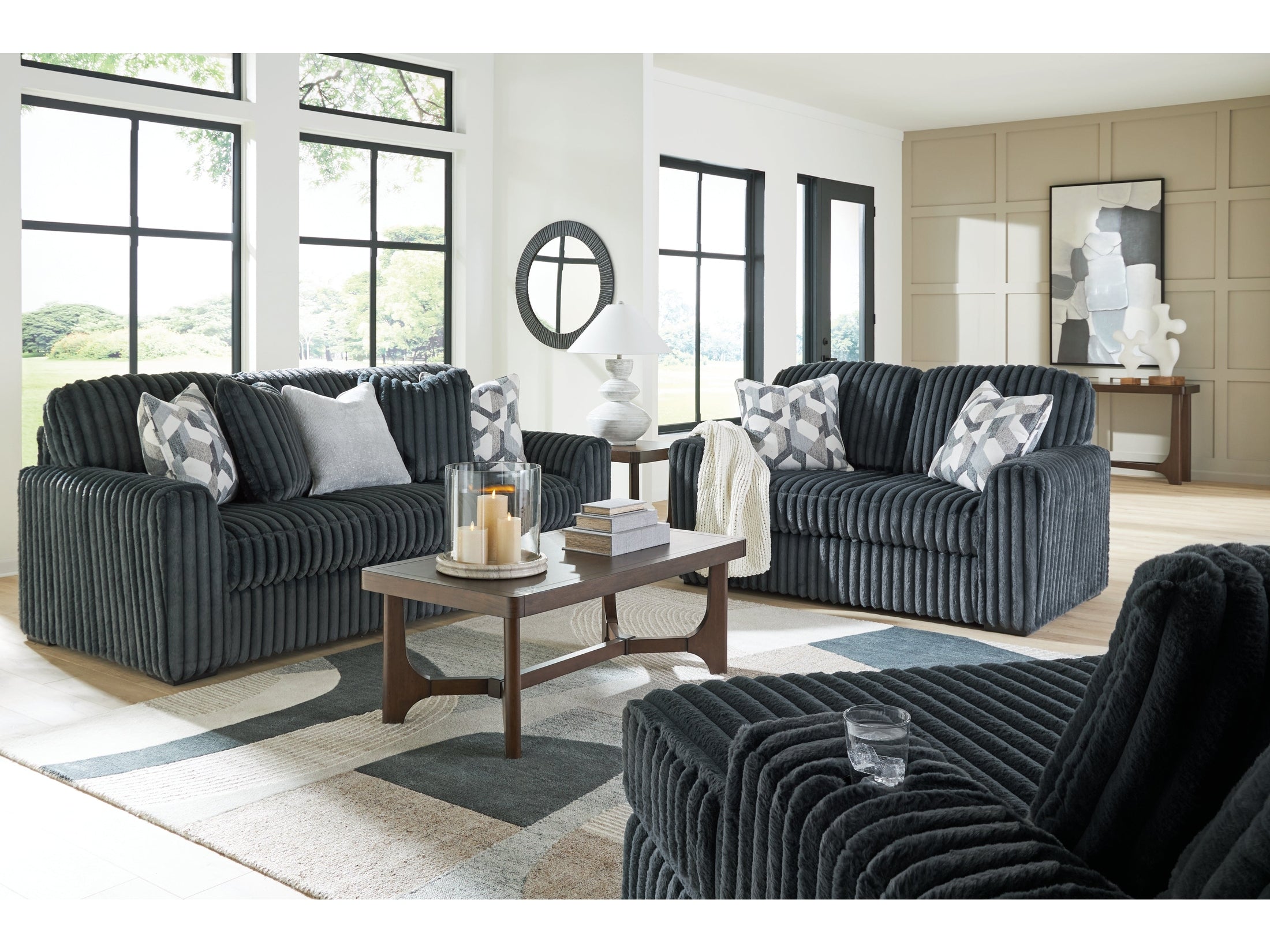 Midnight-Madness Gunmetal Sofa, Loveseat and Oversized Chaise